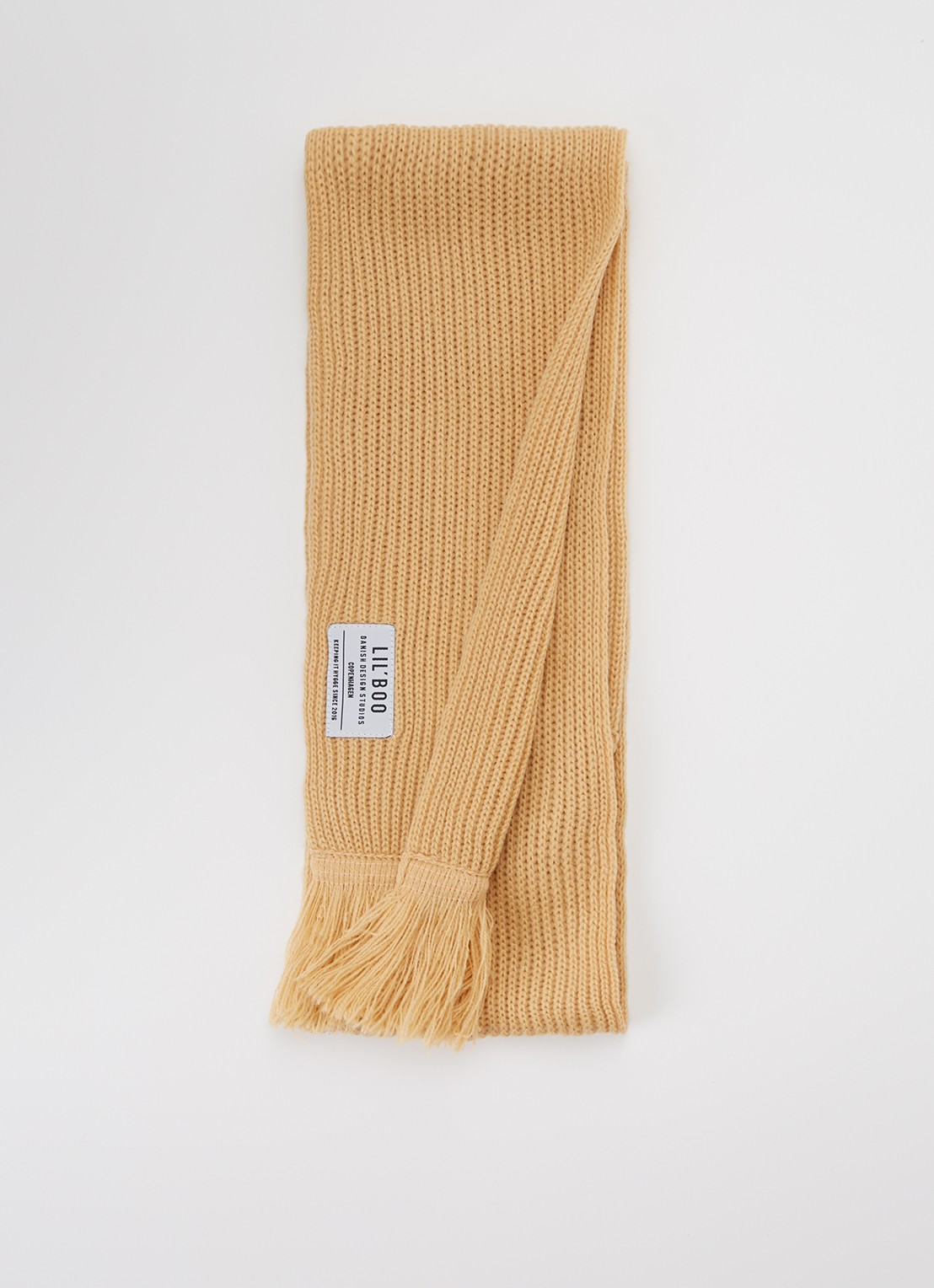 Lil' Boo Hygge grofgebreide sjaal met logo - voorkant camel