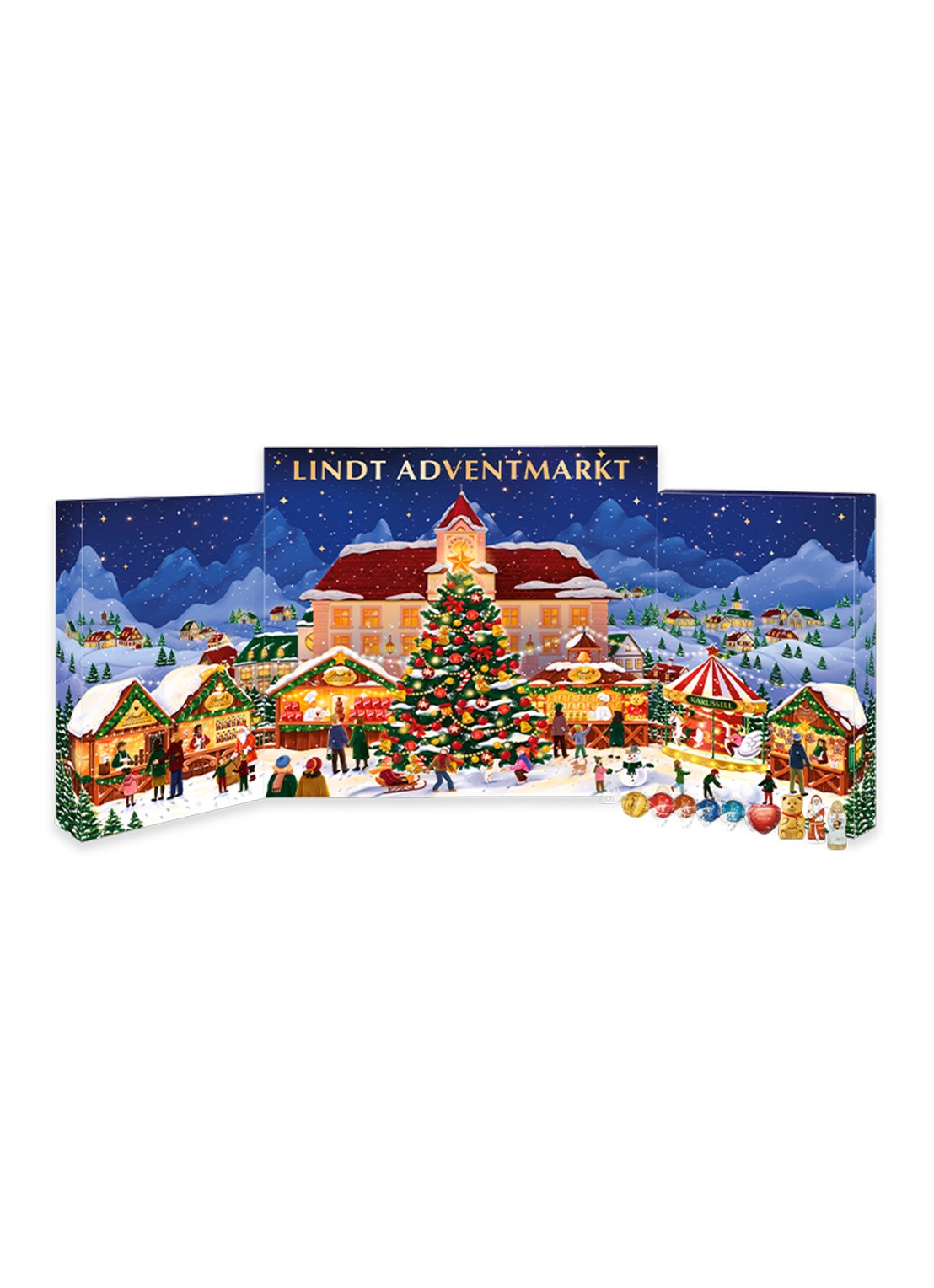 Lindt Kerstmarkt adventskalender met chocolade - 24 dagen - voorkant blauw