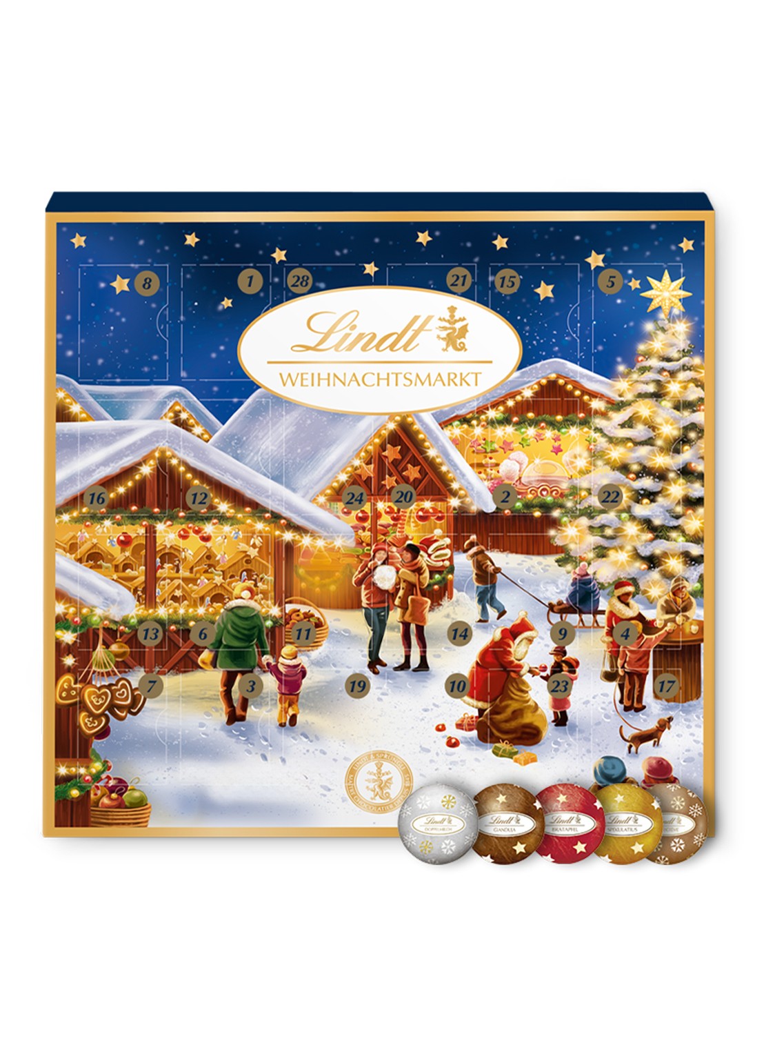 Lindt Xmas Market adventskalender met chocolade - 24 dagen - voorkant blauw