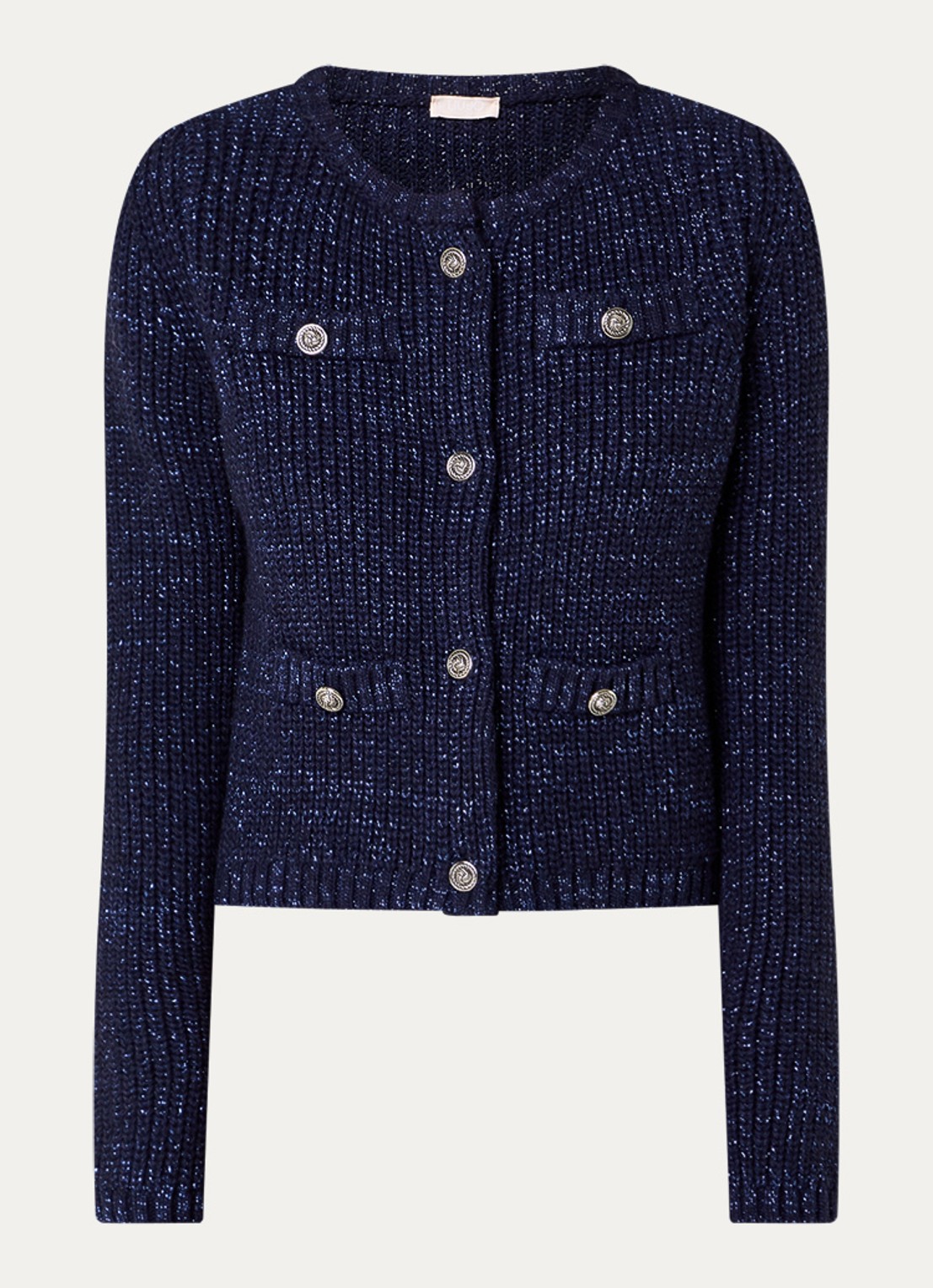Liu Jo Aperta grofgebreid vest in wolblend met sierknopen en lurex - voorkant 2 donkerblauw