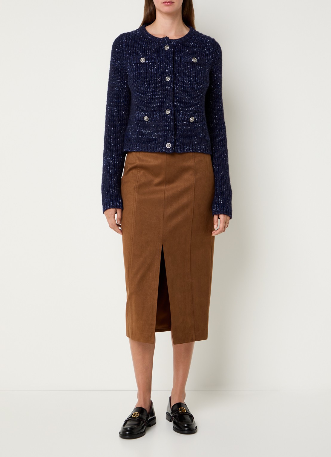 Liu Jo Aperta grofgebreid vest in wolblend met sierknopen en lurex - voorkant 3 donkerblauw