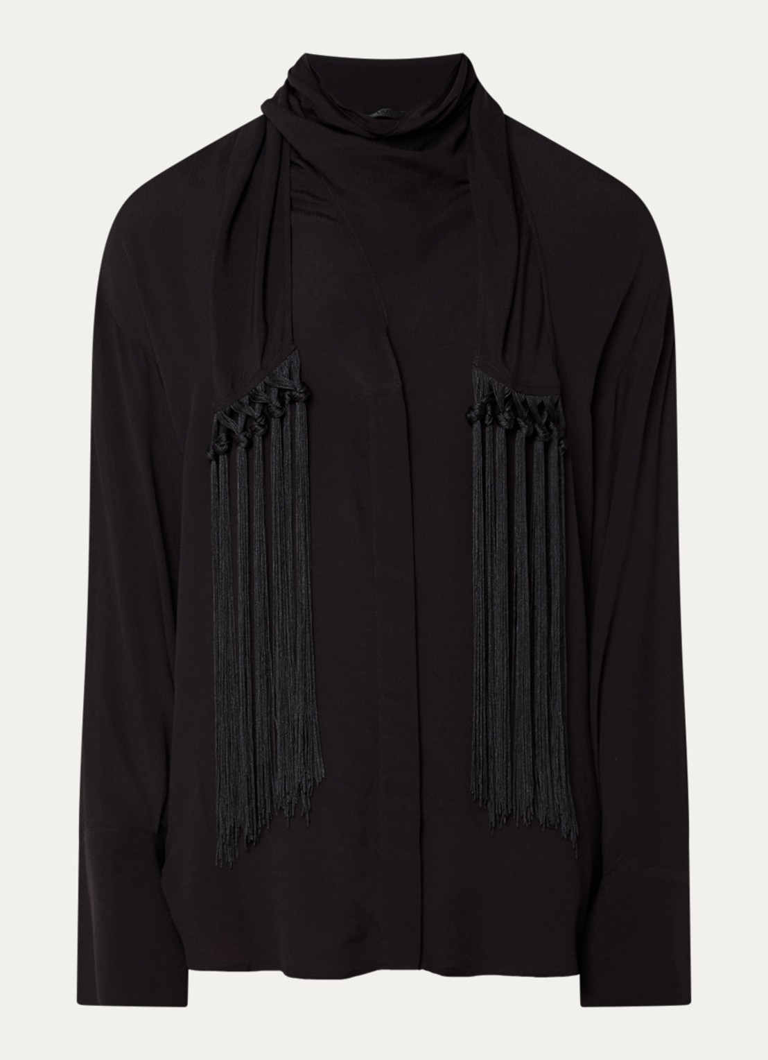 Liu Jo Blouse met sjaalkraag en franjes - voorkant 3 zwart