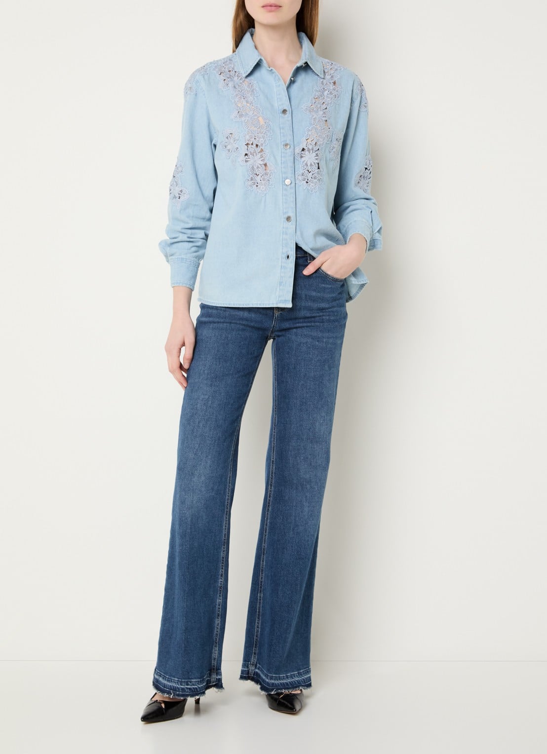 Liu Jo Blouse van chambray met broderie - voorkant 4 indigo
