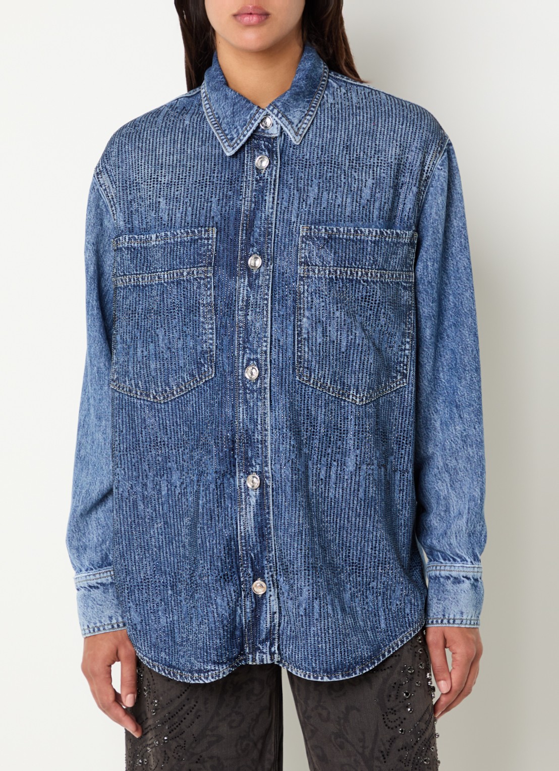 Liu Jo Blouse van denim met strass - detail donkerblauw