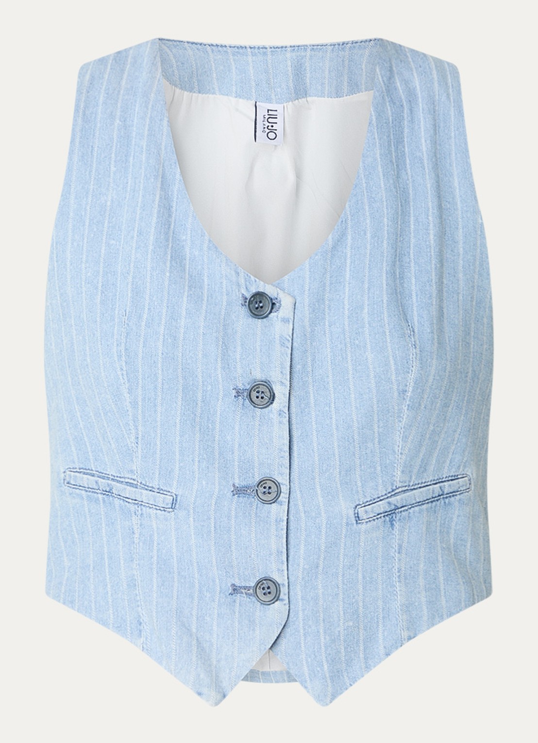 Liu Jo Cropped gilet met krijtstreep en V-hals  - voorkant indigo