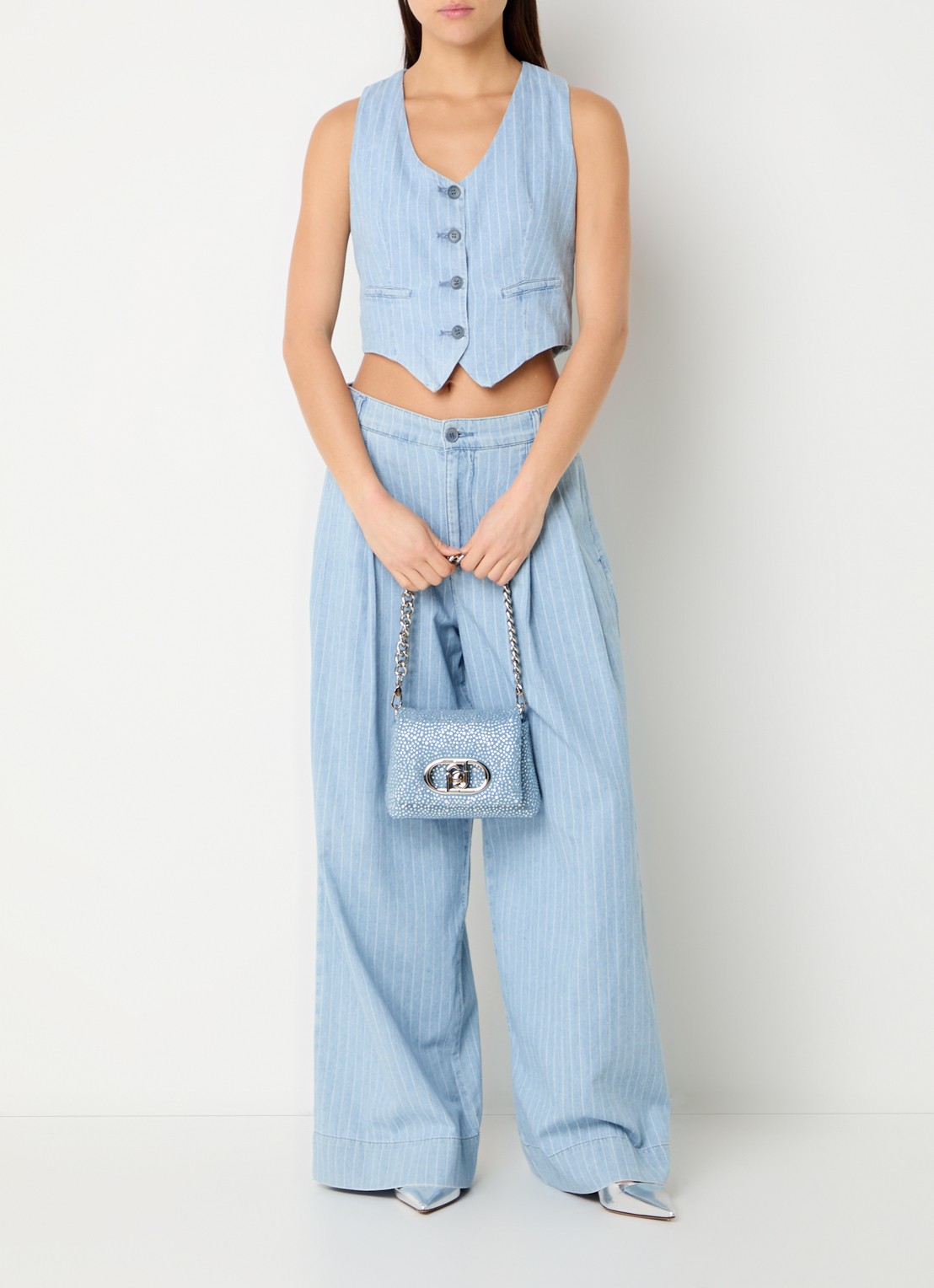 Liu Jo Cropped gilet met krijtstreep en V-hals  - voorkant 2 indigo