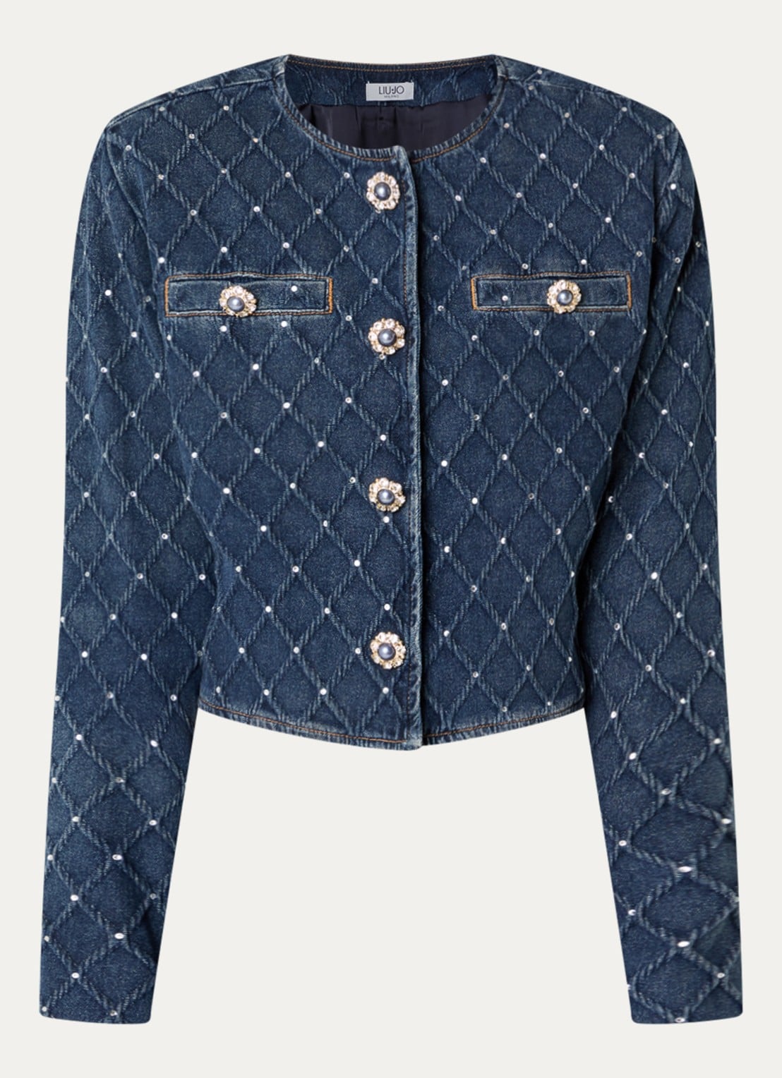 Liu Jo Cropped spijkerjas met strass  - voorkant 2 indigo