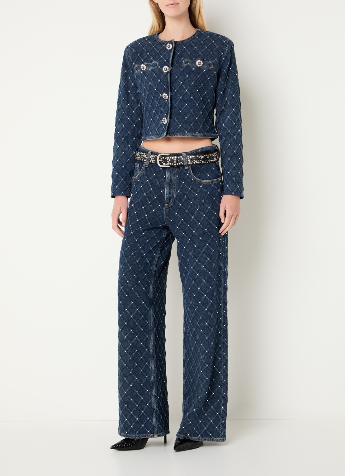 Liu Jo Cropped spijkerjas met strass  - voorkant 3 indigo