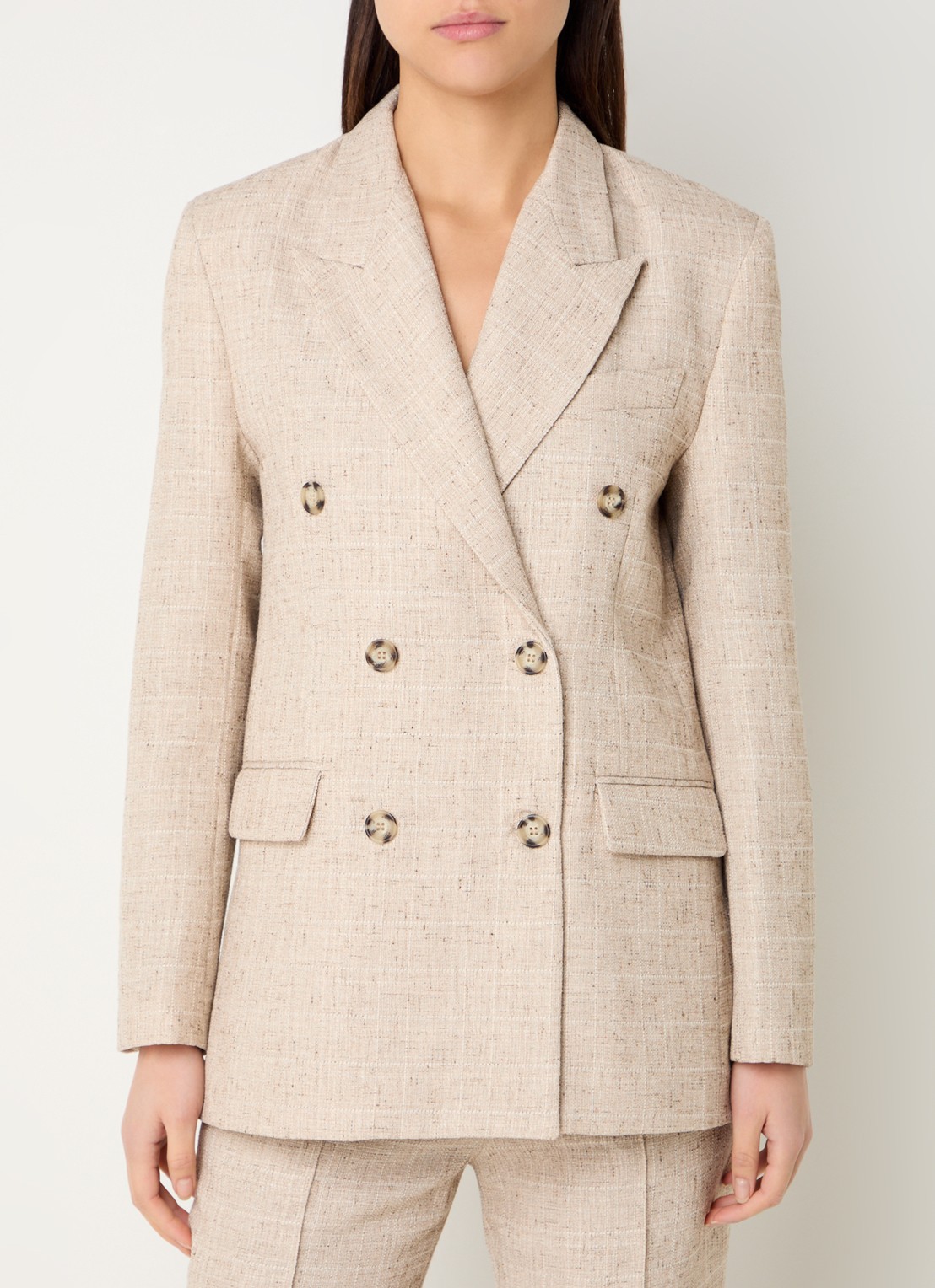 Liu Jo Double-breasted blazer met gemêleerd dessin en klepzakken - detail beige