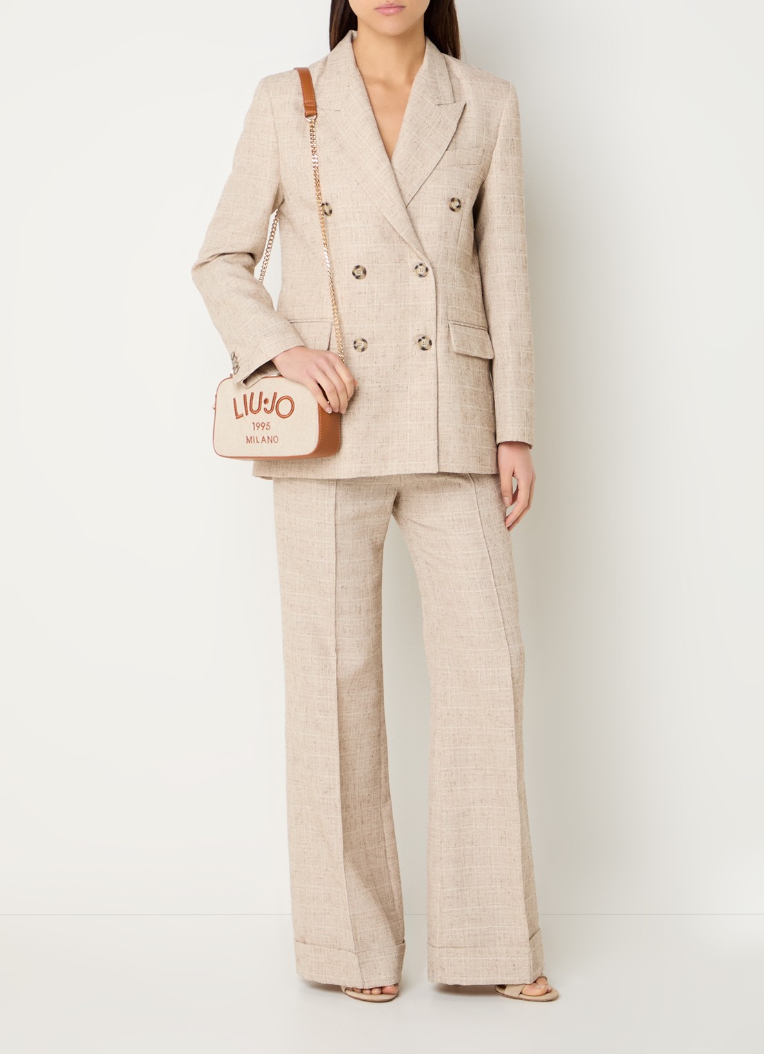 Liu Jo Double-breasted blazer met gemêleerd dessin en klepzakken - voorkant 5 beige