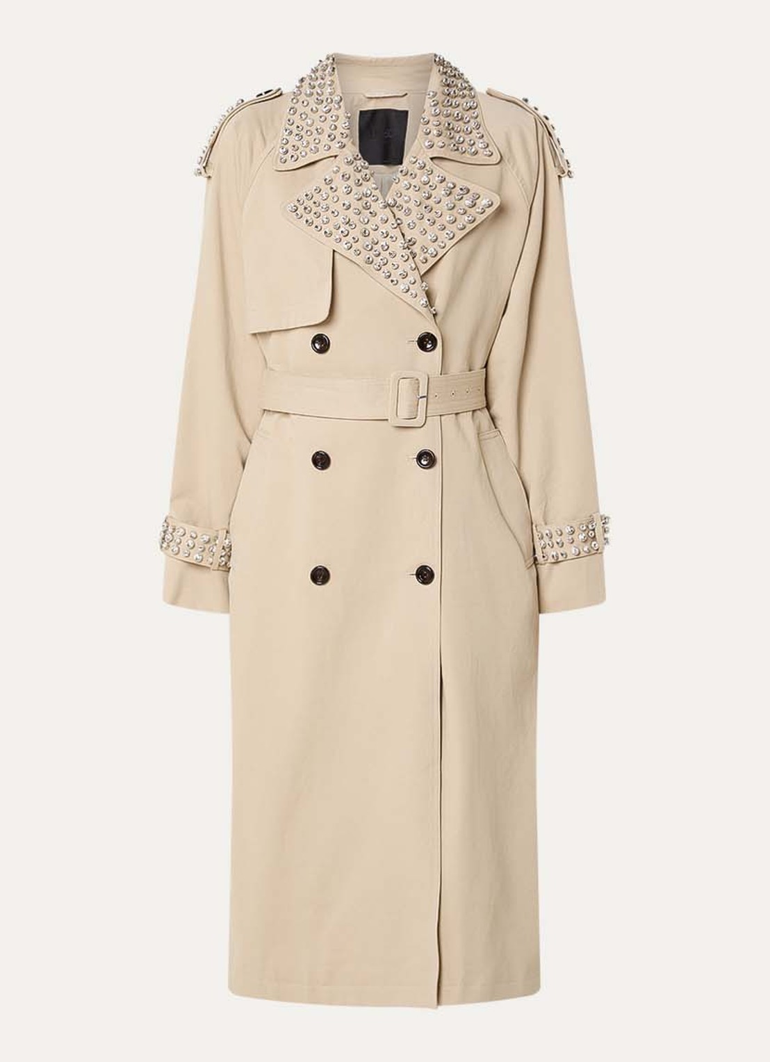 Liu Jo Double-breasted trenchcoat met strass en strikceintuur - voorkant khaki
