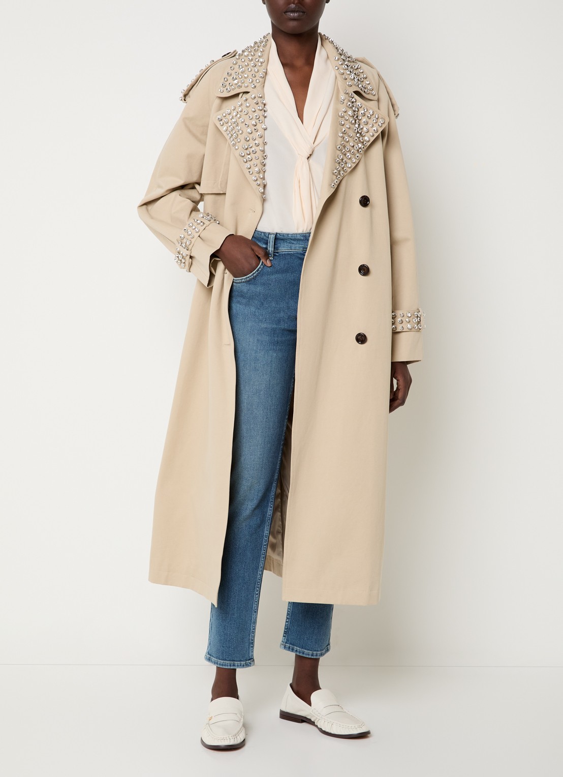 Liu Jo Double-breasted trenchcoat met strass en strikceintuur - voorkant 2 khaki