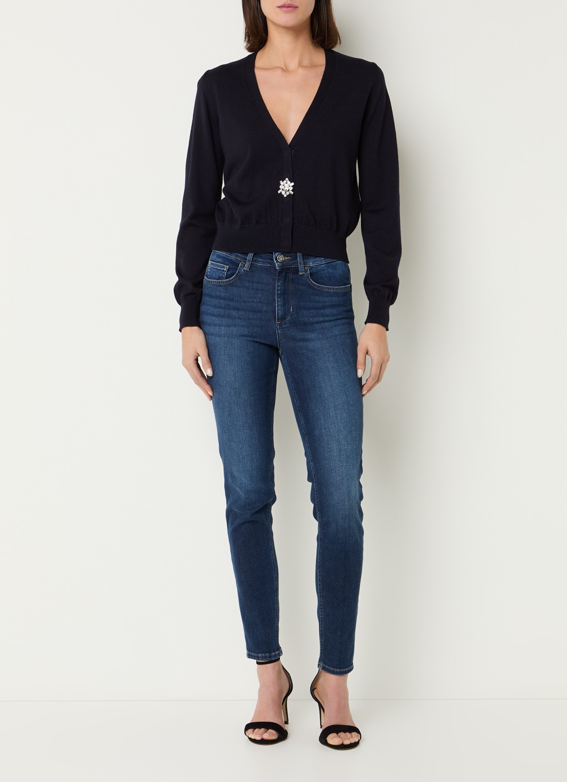 Liu Jo Fijngebreid vest van wol met strass - voorkant 4 donkerblauw