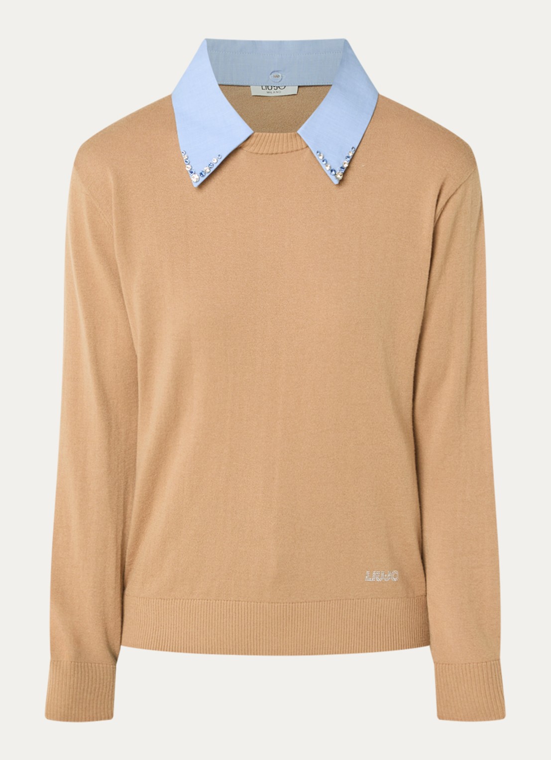 Liu Jo Fijngebreide pullover in wolblend met kraag - voorkant camel