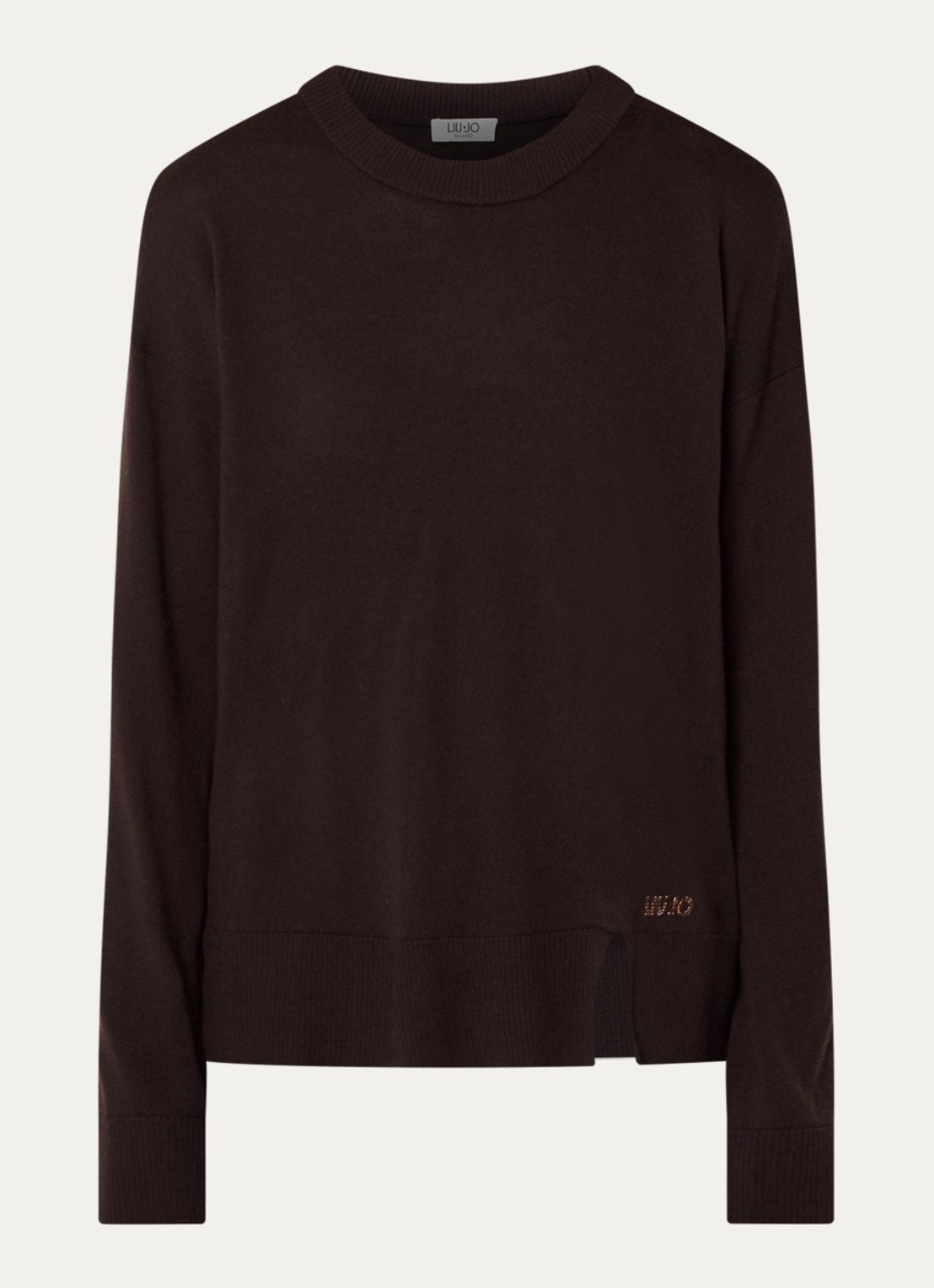 Liu Jo Fijngebreide pullover in wolblend met ronde hals - voorkant 2 donkerbruin