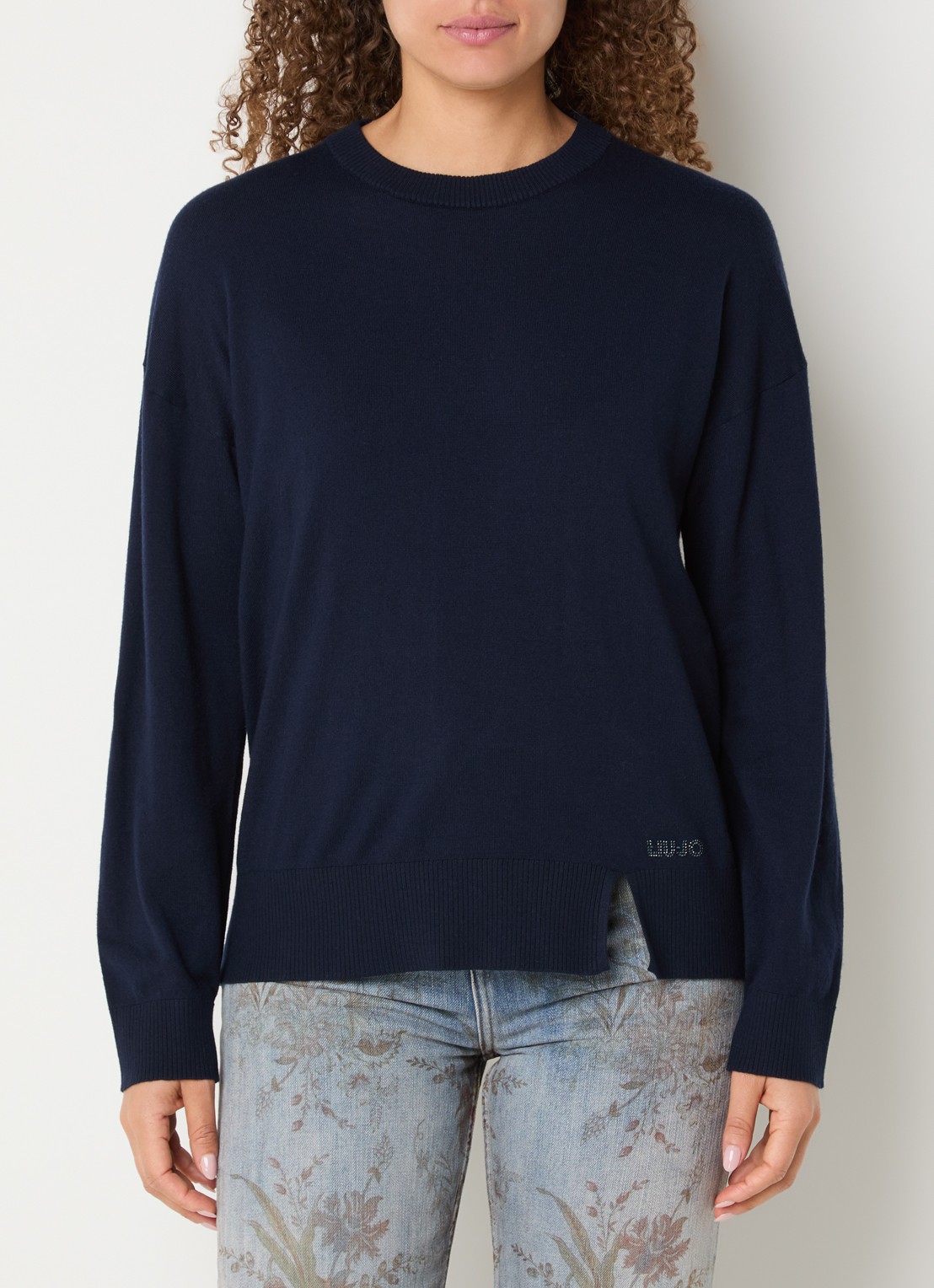 Liu Jo Fijngebreide pullover in wolblend met ronde hals - detail 2 donkerblauw