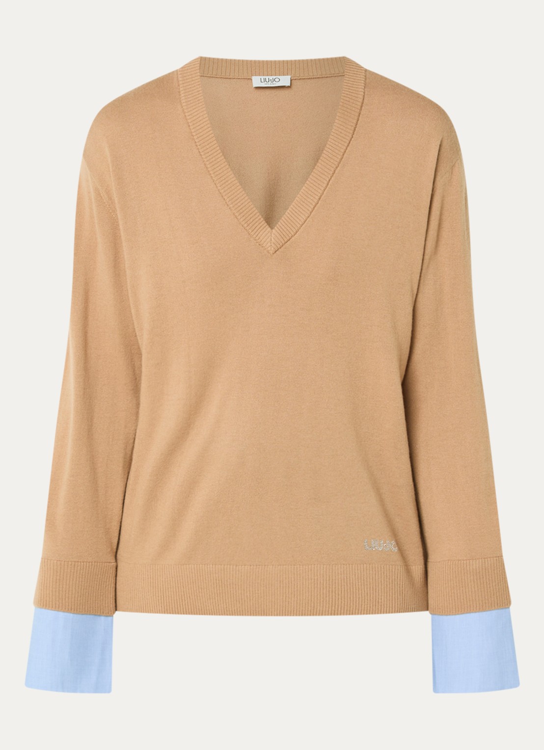Liu Jo Fijngebreide pullover in wolblend met V-hals - voorkant 3 camel