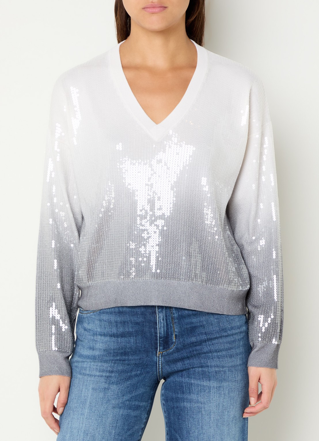 Liu Jo Fijngebreide pullover met pailletten en V-hals - detail wit