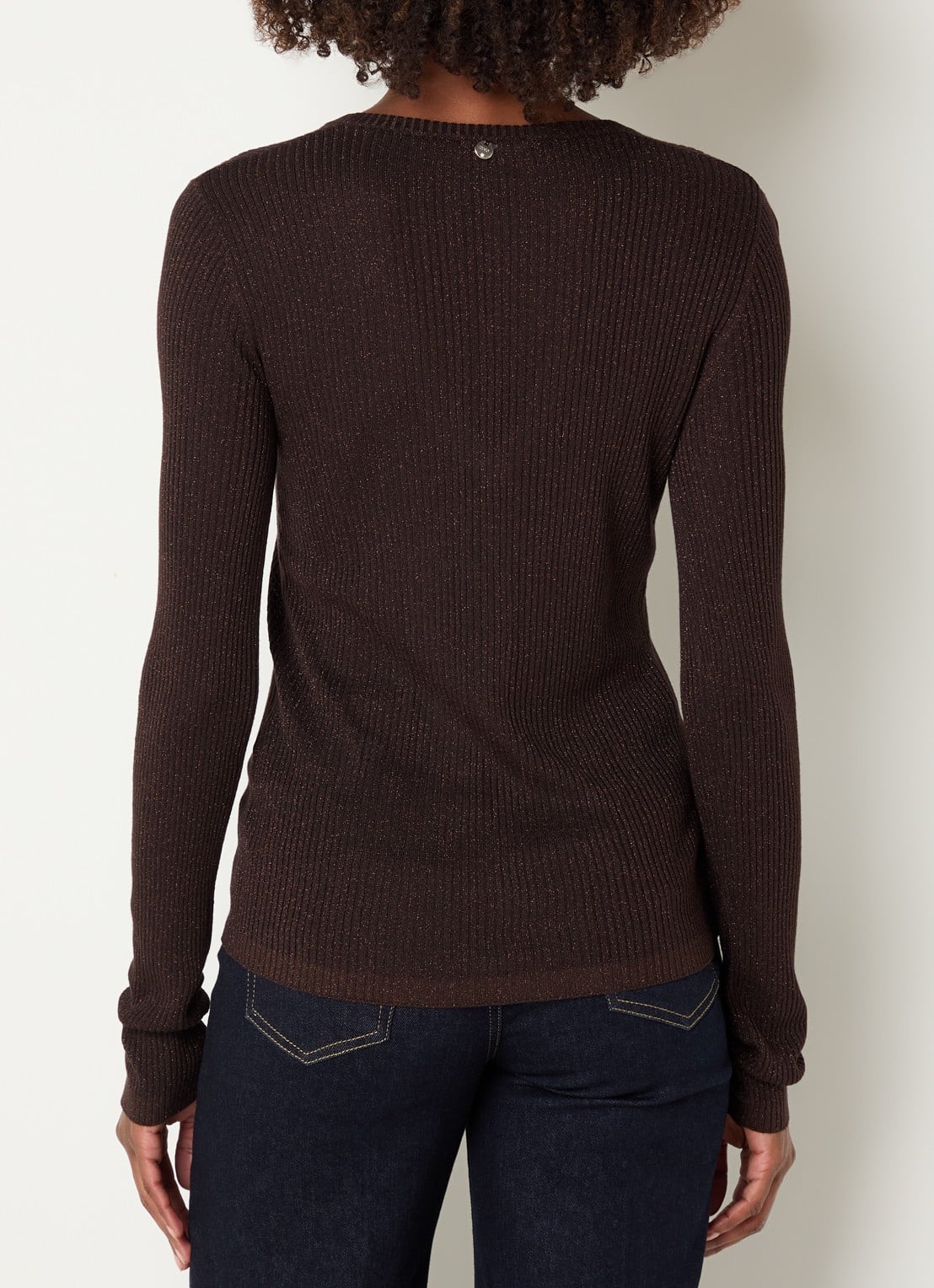 Liu Jo Fijngebreide pullover met V-hals - achterkant 2 donkerbruin