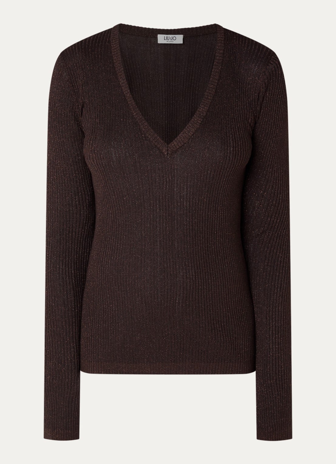 Liu Jo Fijngebreide pullover met V-hals - voorkant 3 donkerbruin