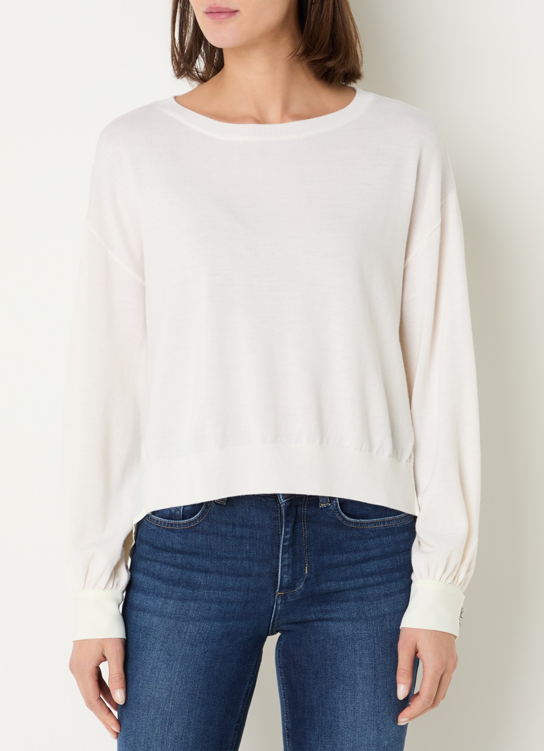 Liu Jo Fijngebreide pullover van wol met ronde hals - detail 4 gebroken wit