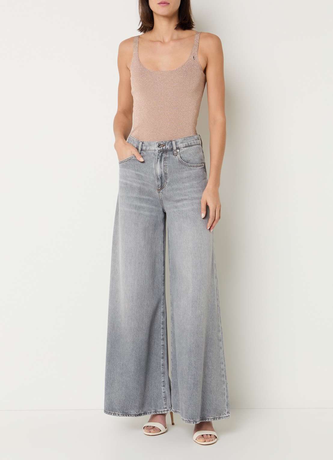 Liu Jo Fijngebreide tanktop met lurex - voorkant 2 donkerbeige