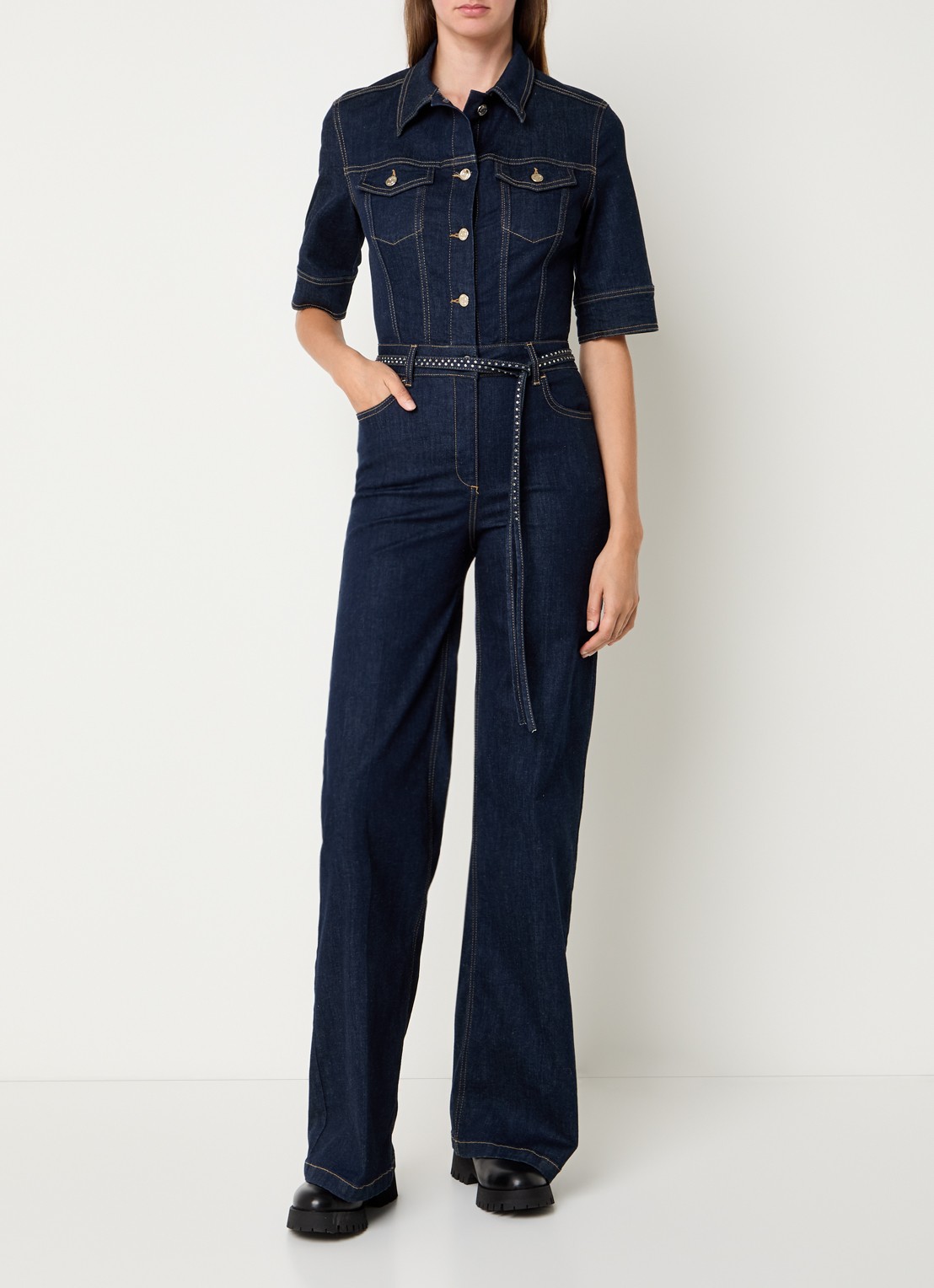 Liu Jo Flared fit jumpsuit van denim met strass - detail 4 indigo