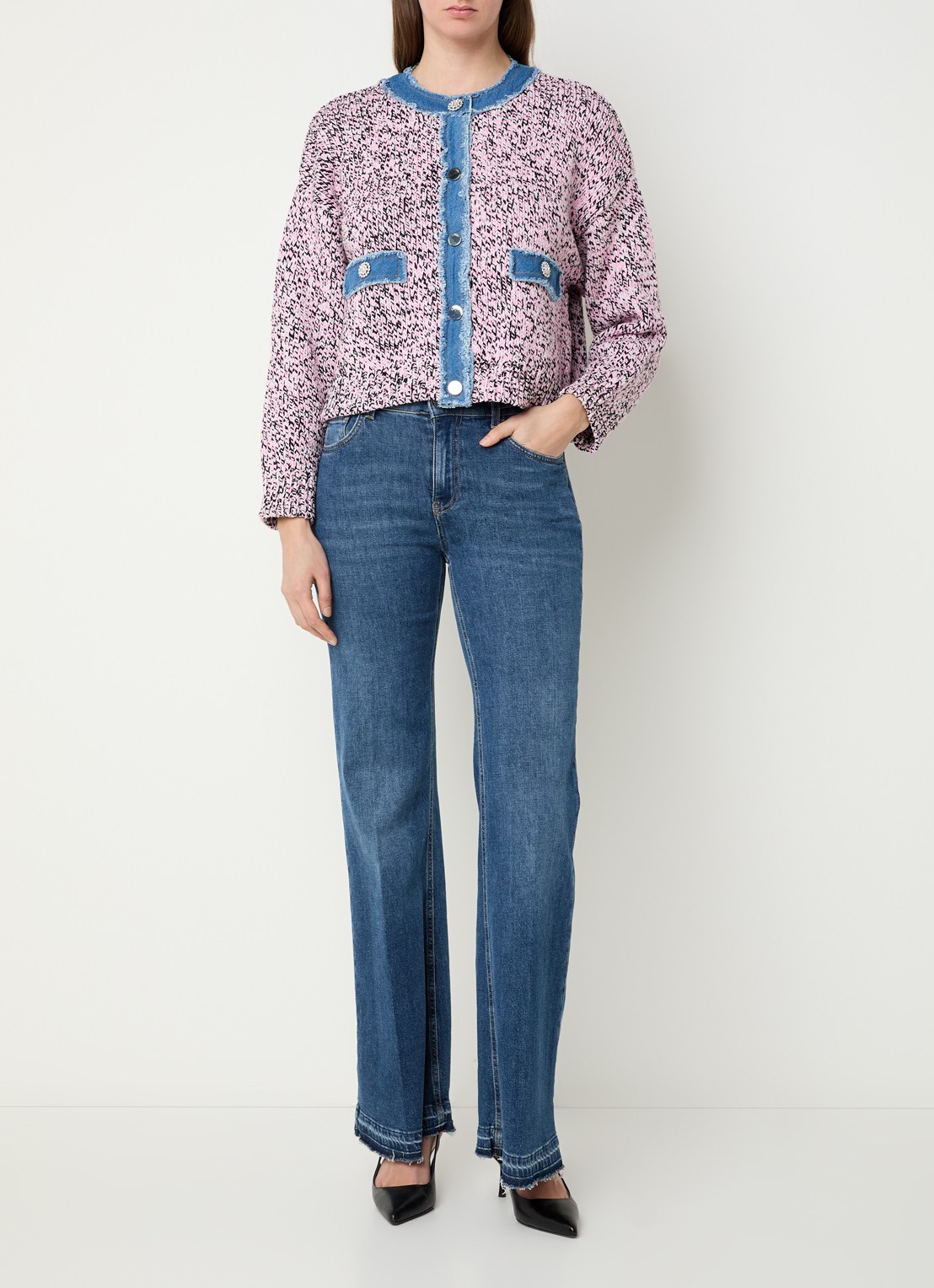 Liu Jo Grofgebreid vest met details van denim - voorkant 4 roze