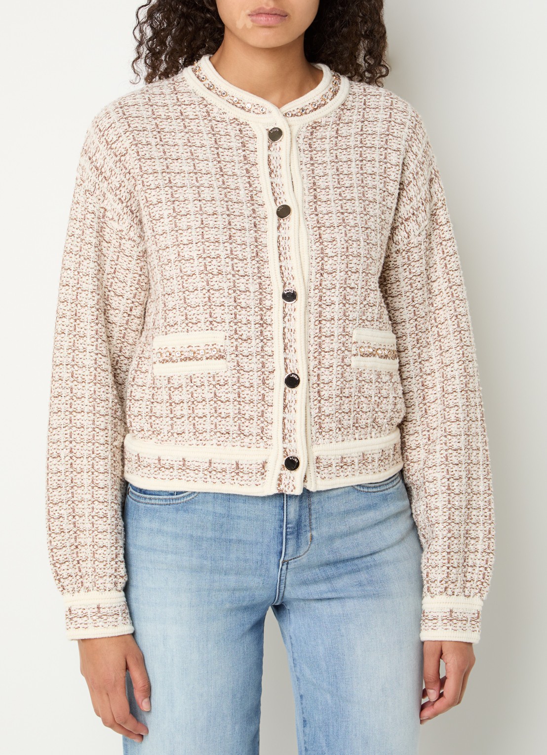 Liu Jo Grofgebreid vest met tweed-look en strass - detail 2 beige