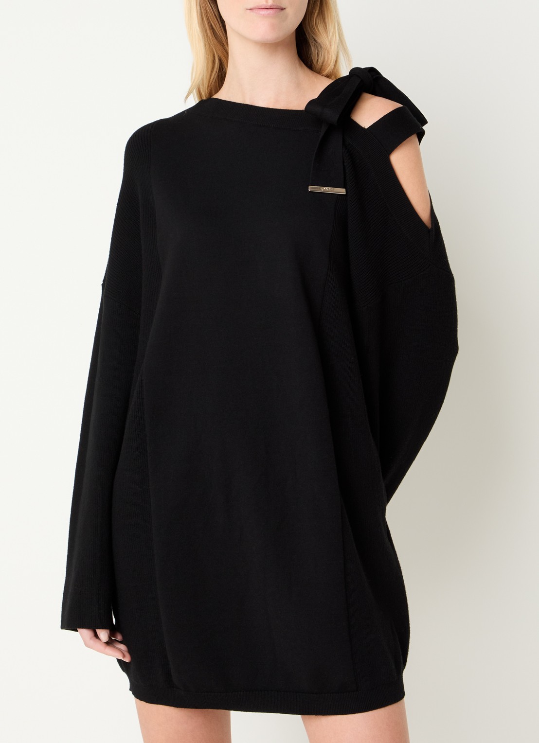 Liu Jo Grofgebreide mini trui-jurk met asymmetrische hals - detail zwart