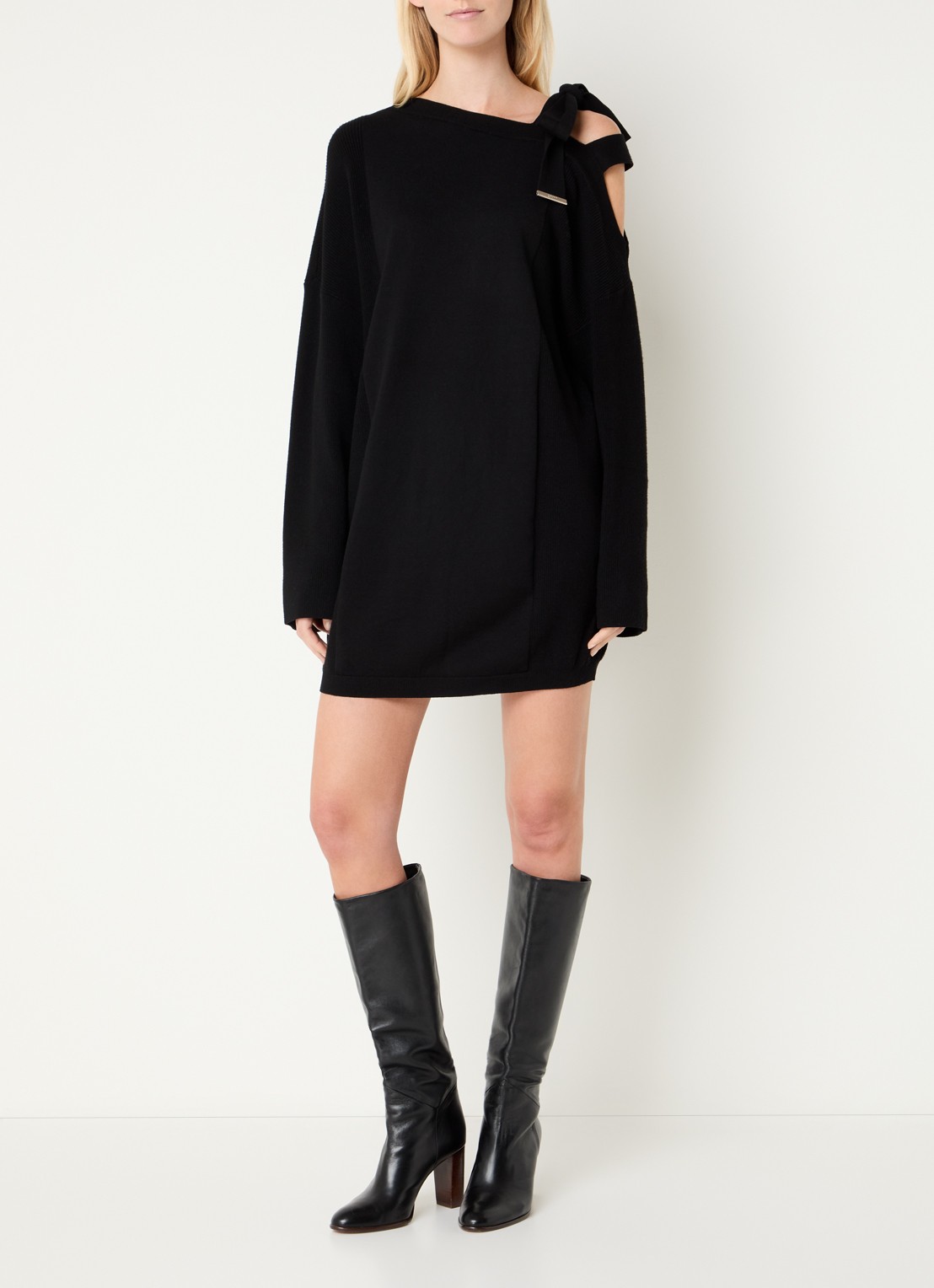 Liu Jo Grofgebreide mini trui-jurk met asymmetrische hals - voorkant 3 zwart