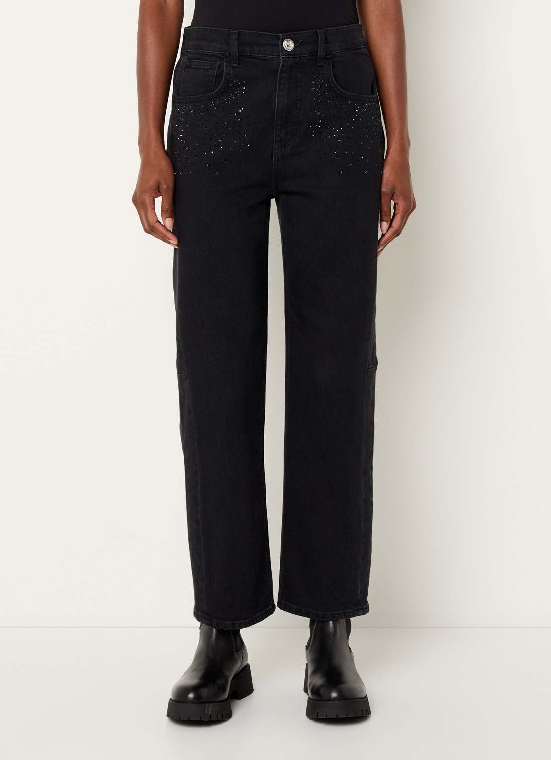 Liu Jo High waist cropped loose fit jeans met strass - detail zwart