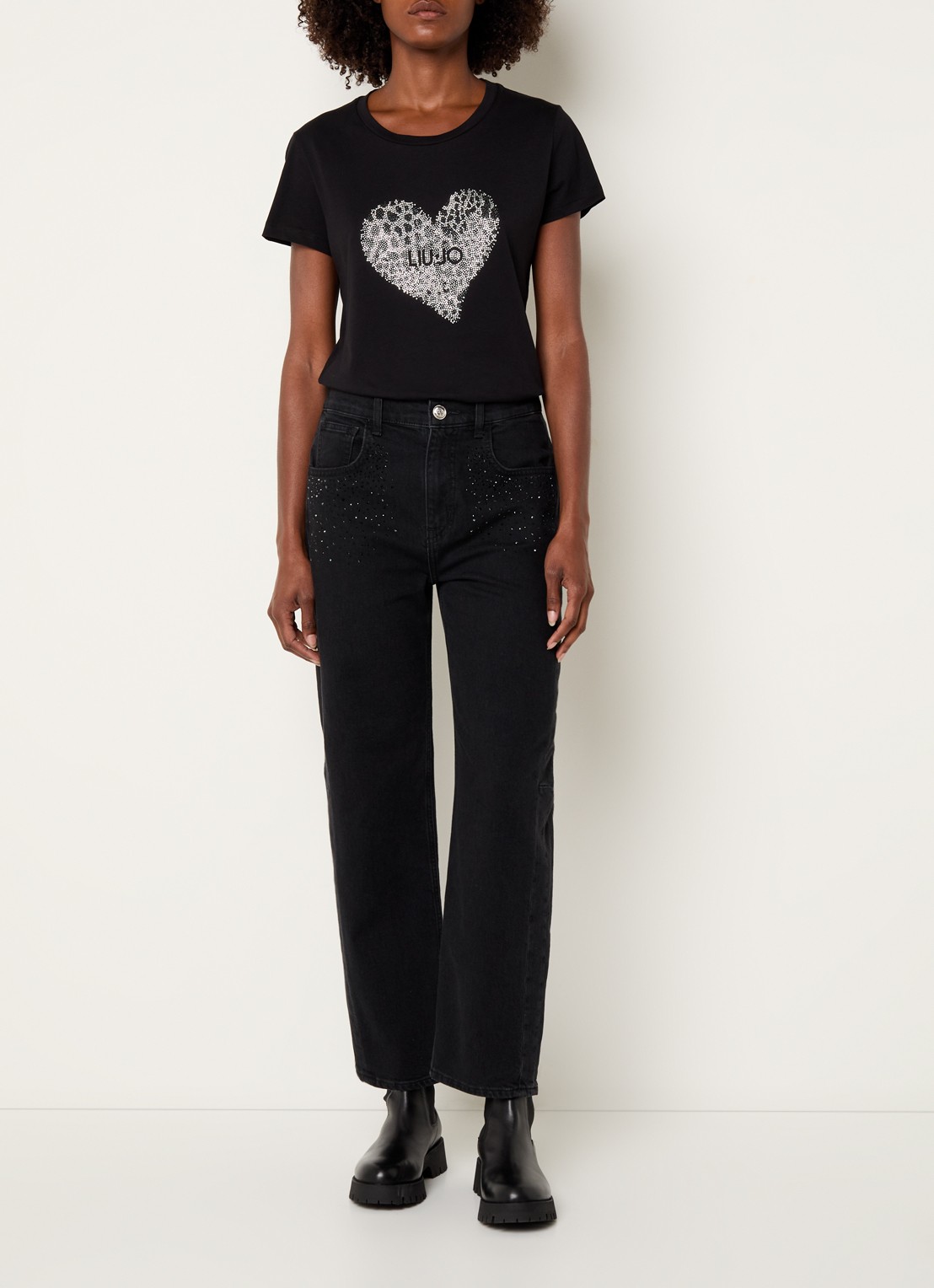 Liu Jo High waist cropped loose fit jeans met strass - voorkant 5 zwart