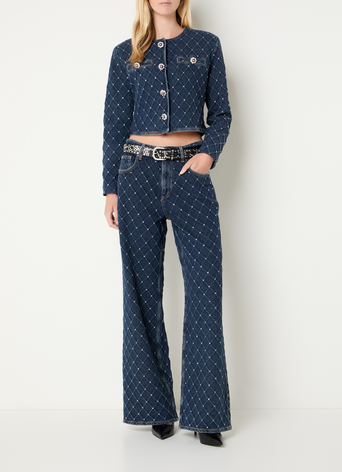 Liu Jo High waist flared jeans met strass en steekzakken - voorkant 2 indigo