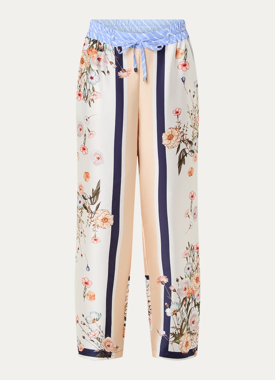 Liu Jo High waist loose fit broek van satijn met bloemenprint - voorkant 2 beige