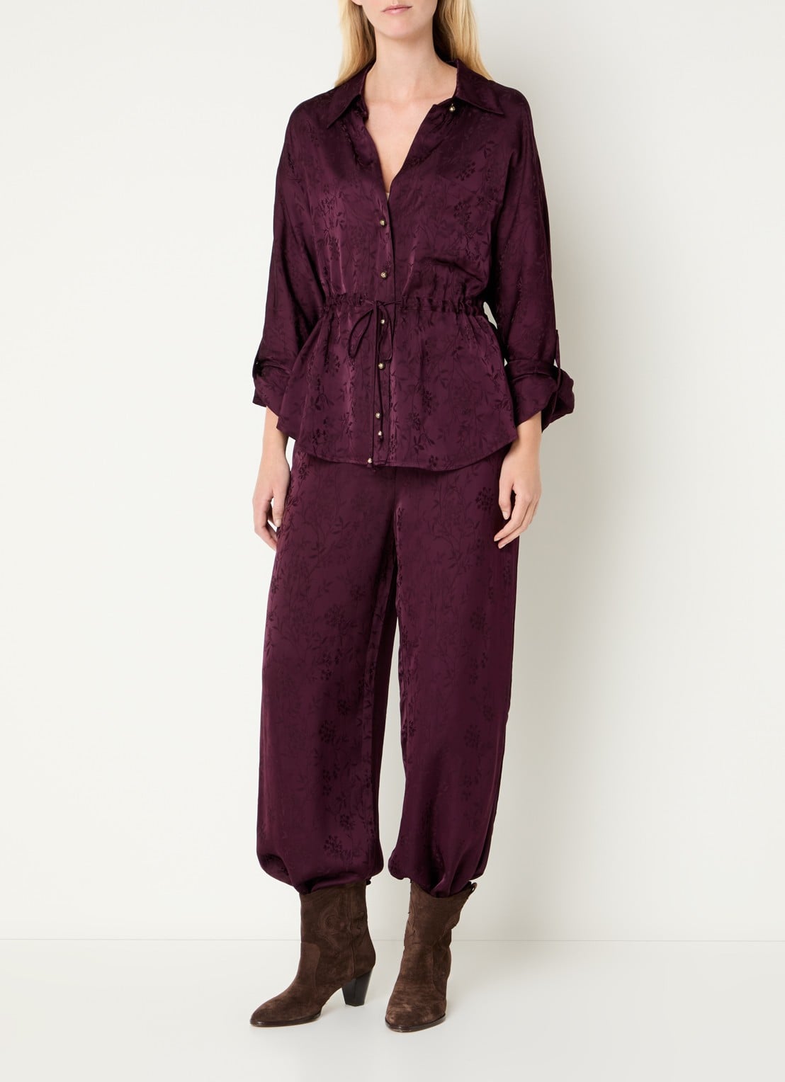 Liu Jo High waist loose fit broek van satijn met print - voorkant 4 aubergine