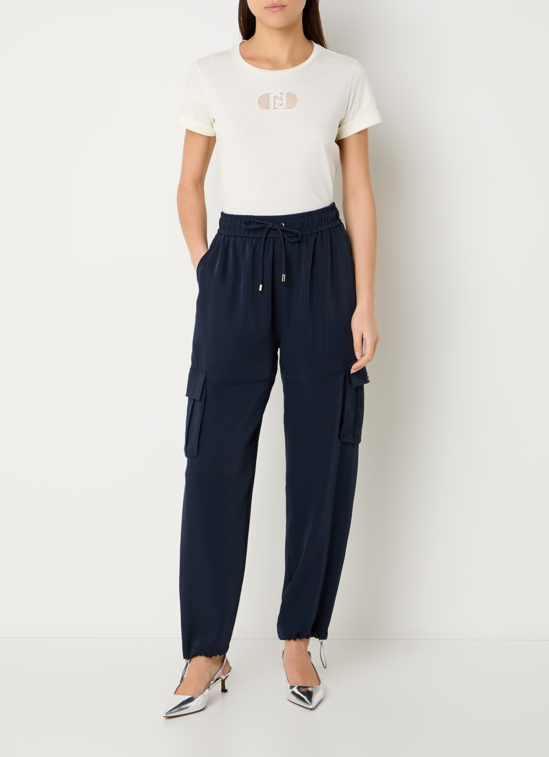 Liu Jo High waist loose fit cargobroek met klepzakken - voorkant 2 donkerblauw