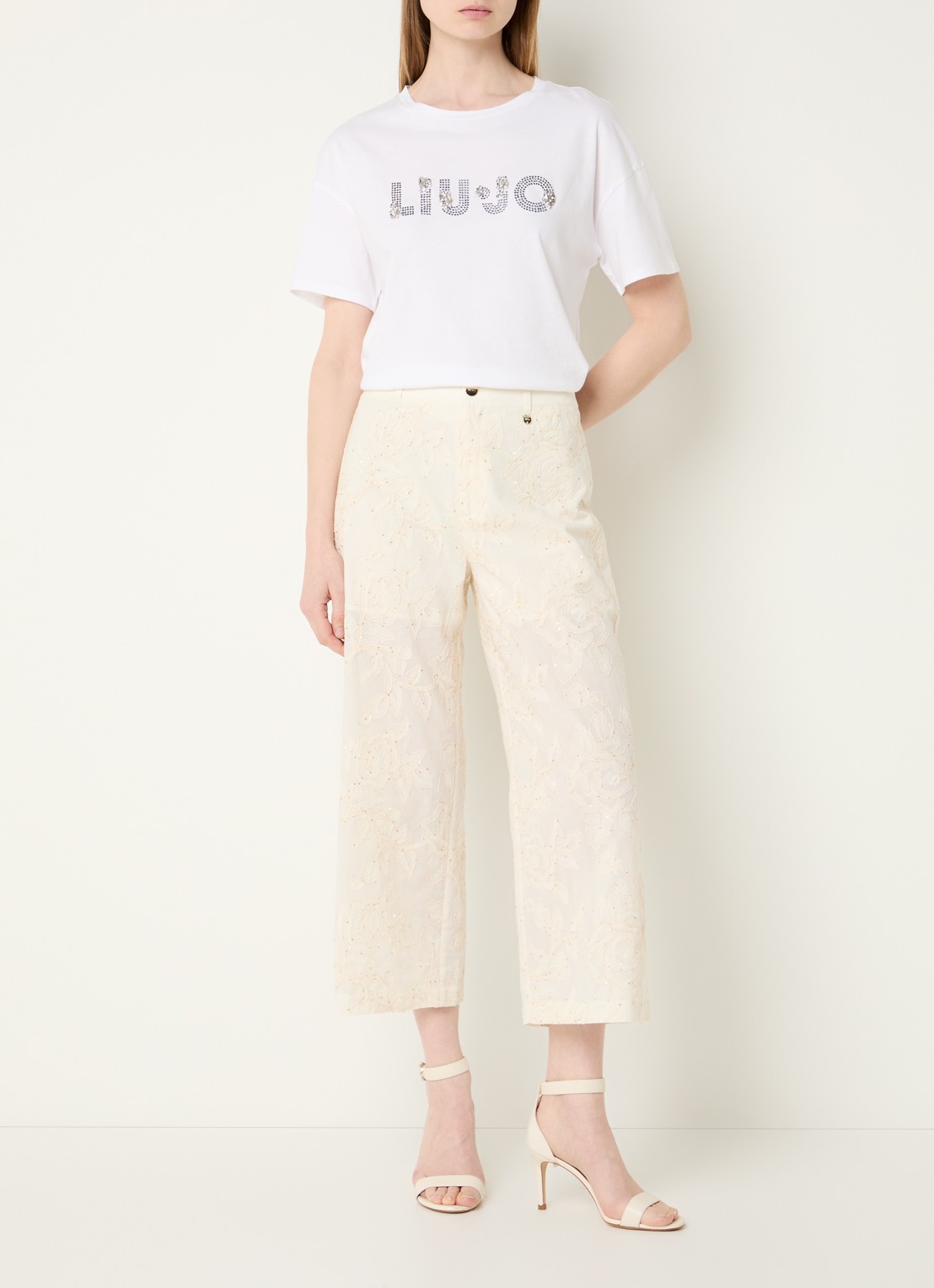 Liu Jo High waist loose fit cropped broek met pailletten - voorkant 2 beige