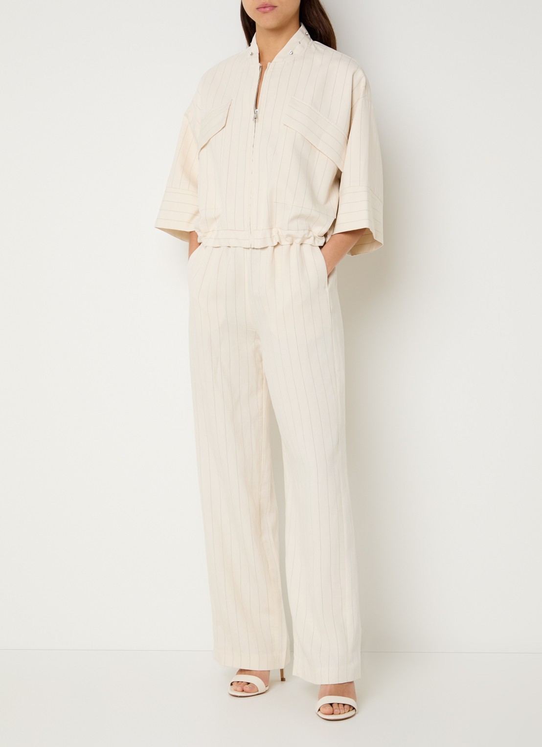 Liu Jo High waist loose fit pantalon met streepprint en steekzakken  - voorkant 3 creme