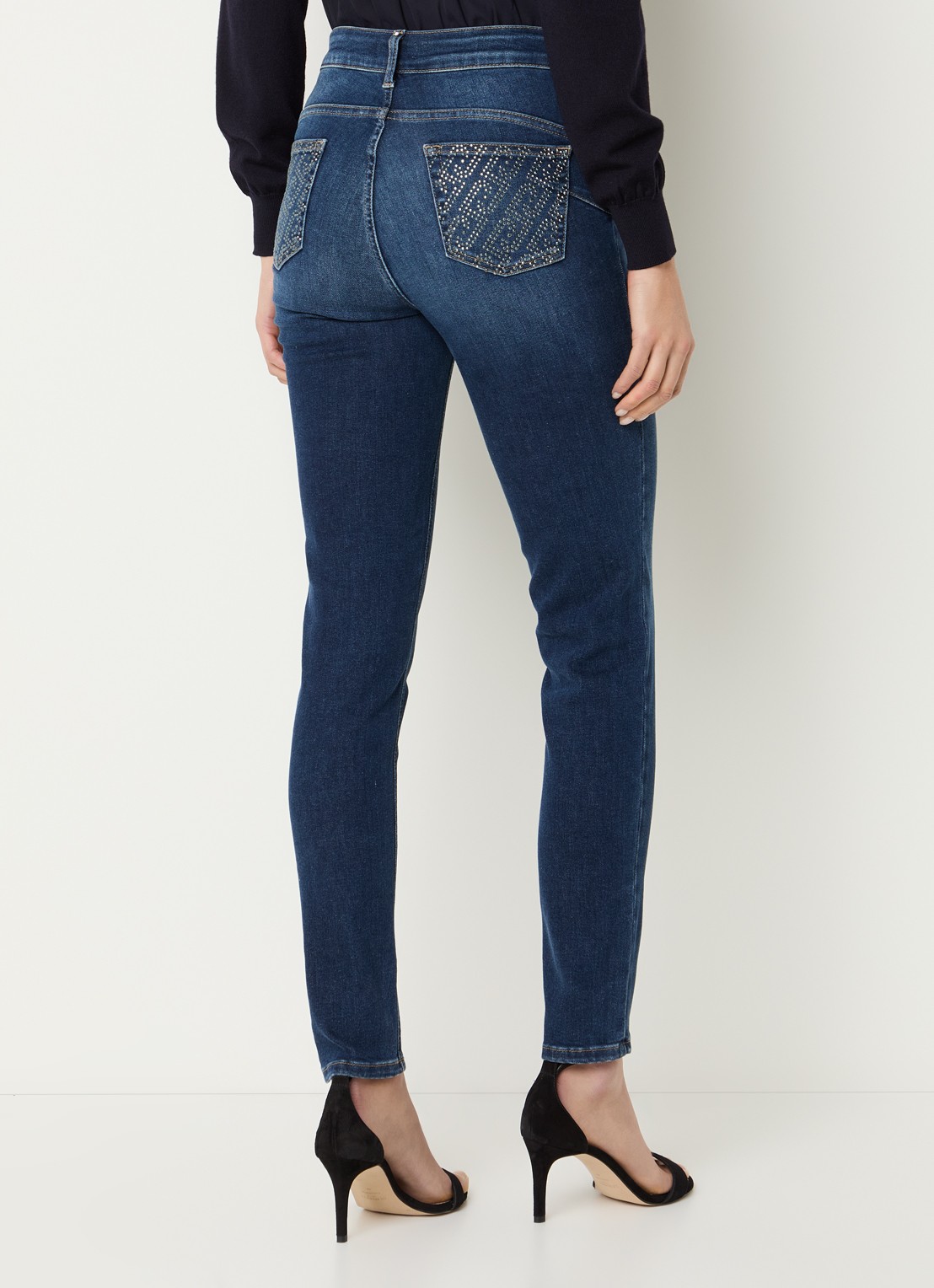 Liu Jo High waist skinny jeans met donkere wassing en strass - achterkant indigo