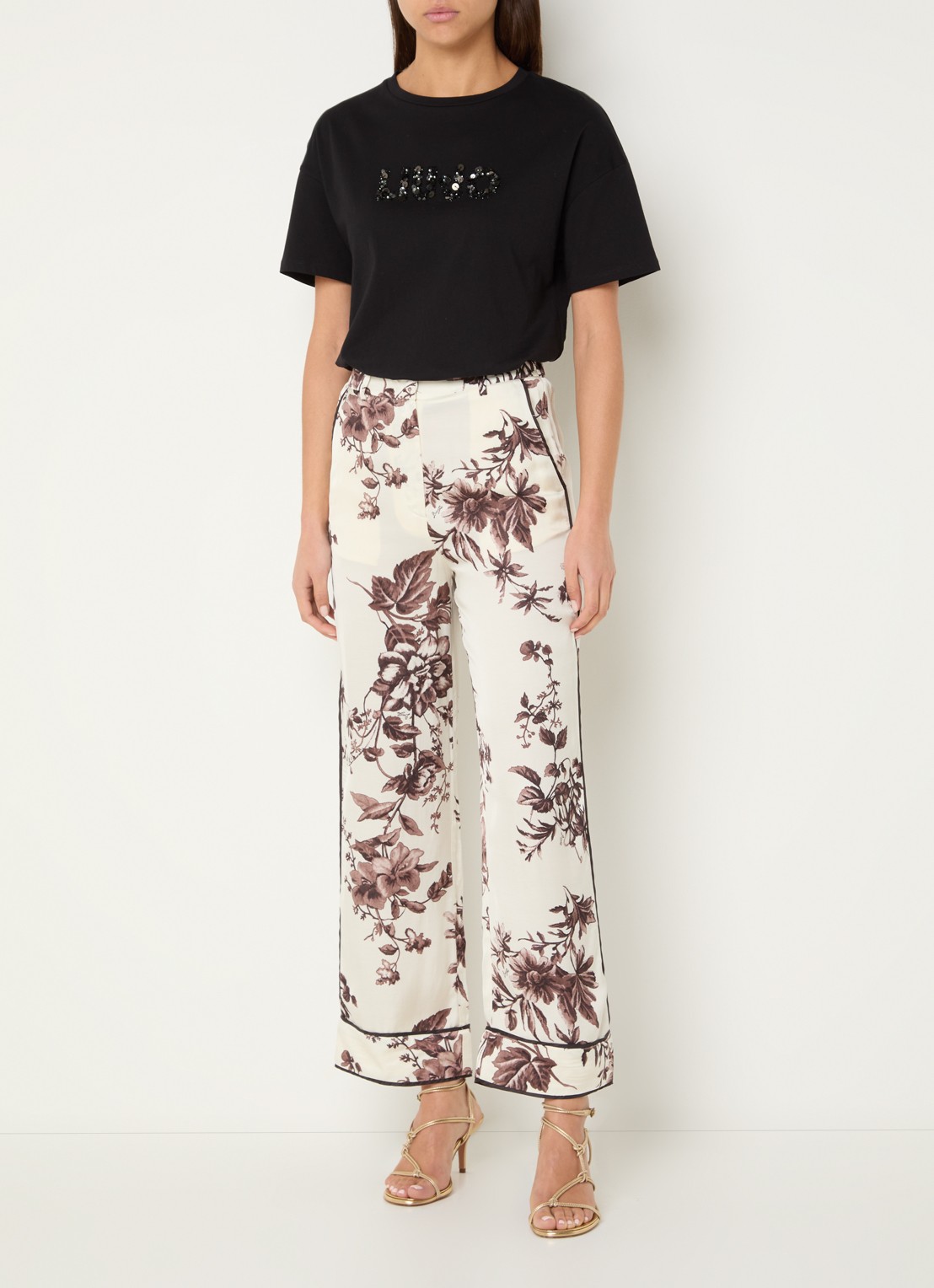 Liu Jo High waist straight fit pantalon met bloemenprint - voorkant 4 gebroken wit