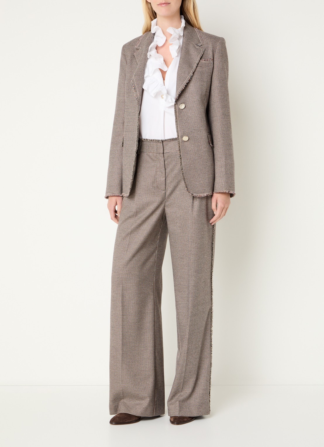 Liu Jo High waist straight fit pantalon met pied-de-poule dessin - voorkant 3 beige