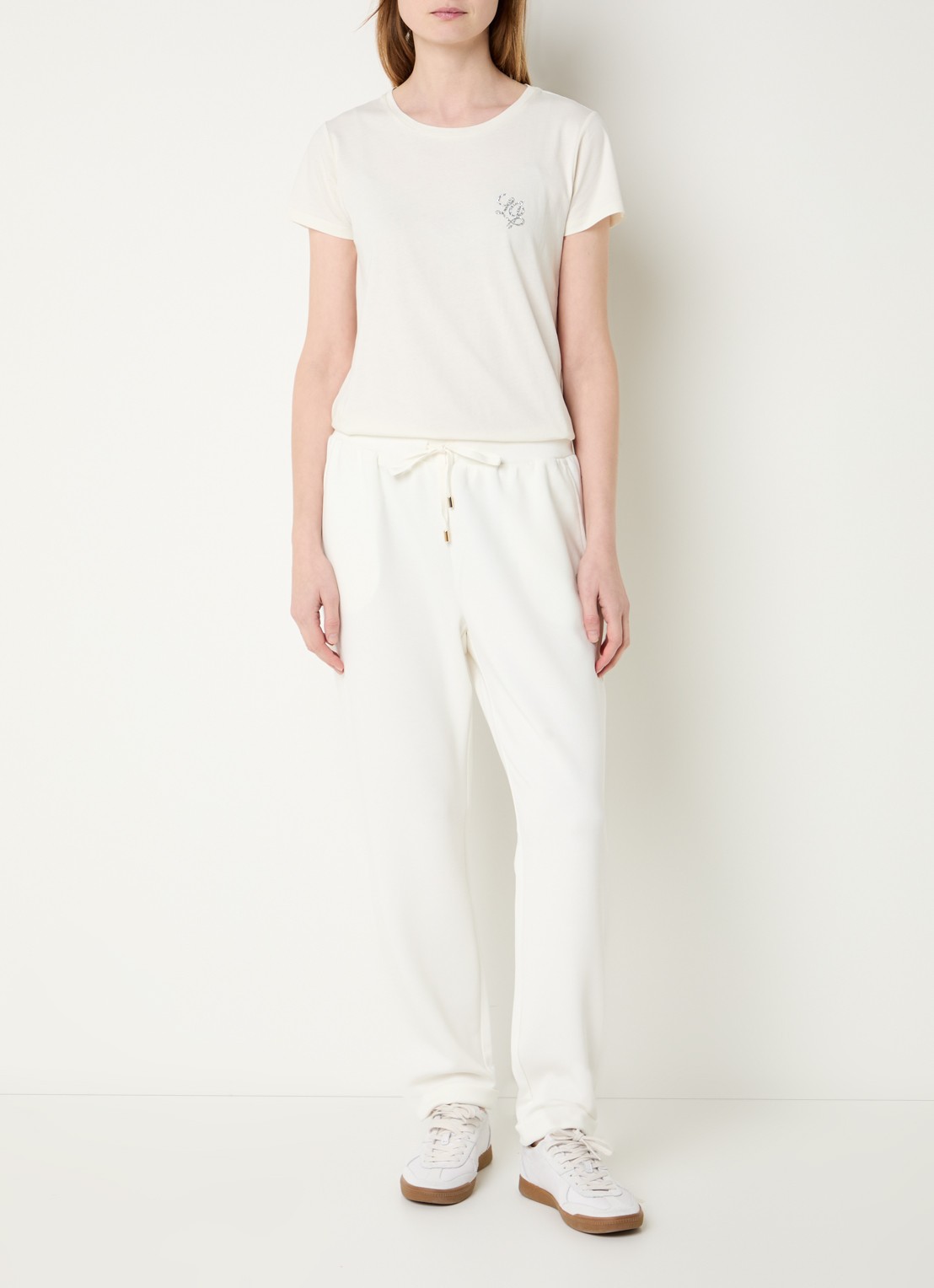 Liu Jo High waist tapered fit broek met logo en strass - voorkant 4 gebroken wit