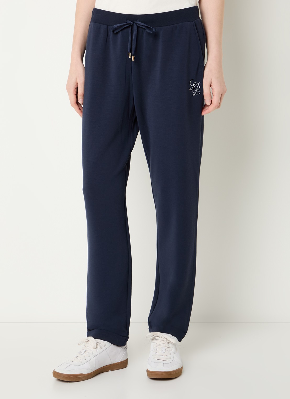 Liu Jo High waist tapered fit broek met logo en strass - detail 3 donkerblauw
