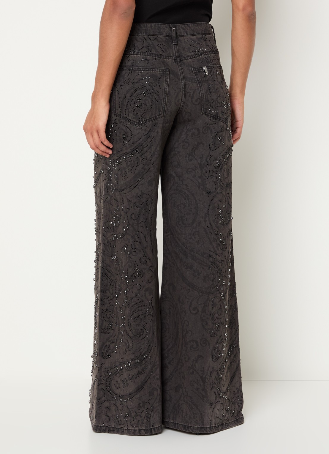 Liu Jo High waist wide fit broek met paisley dessin en strass - achterkant zwart