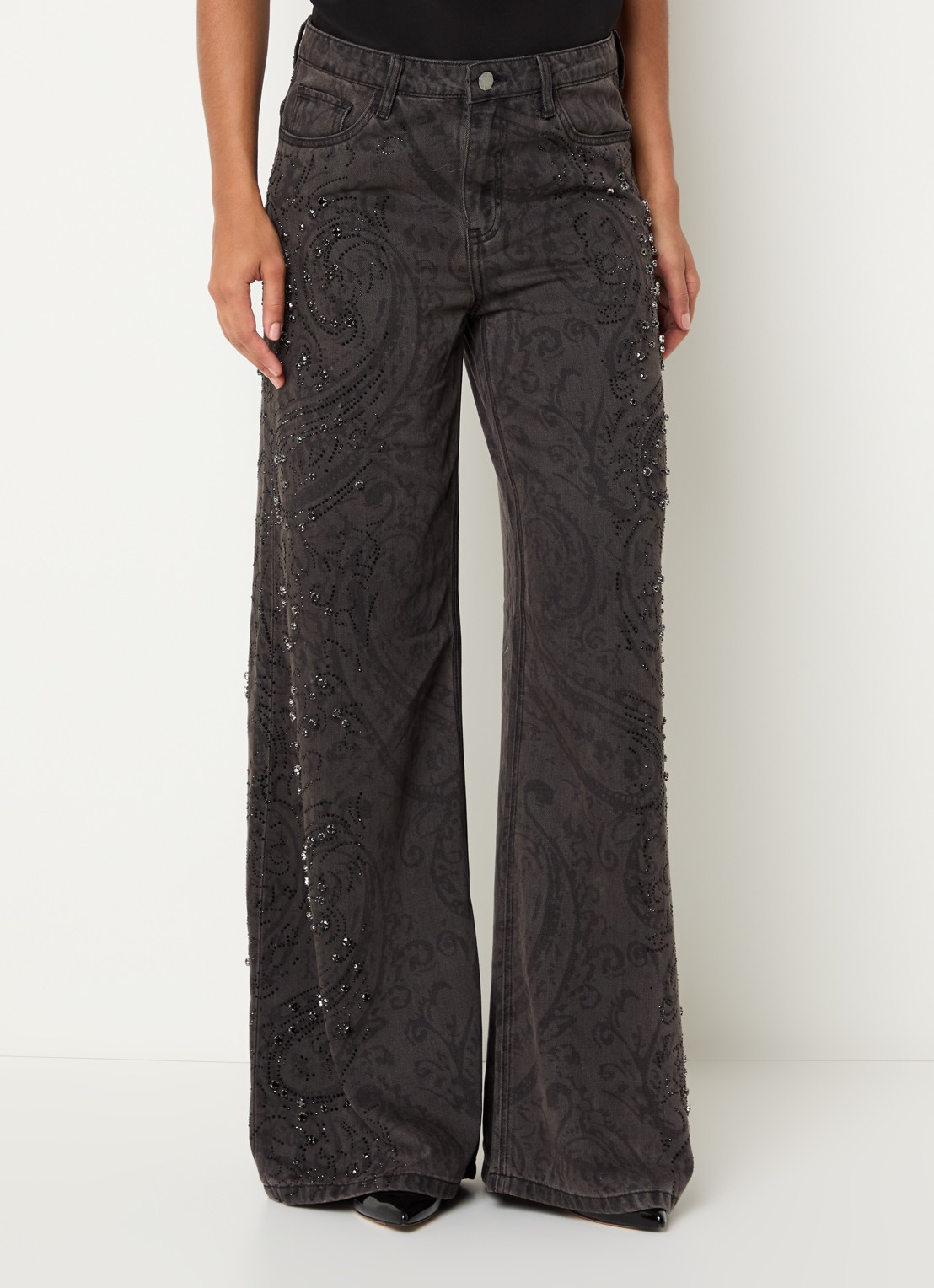 Liu Jo High waist wide fit broek met paisley dessin en strass - detail 4 zwart