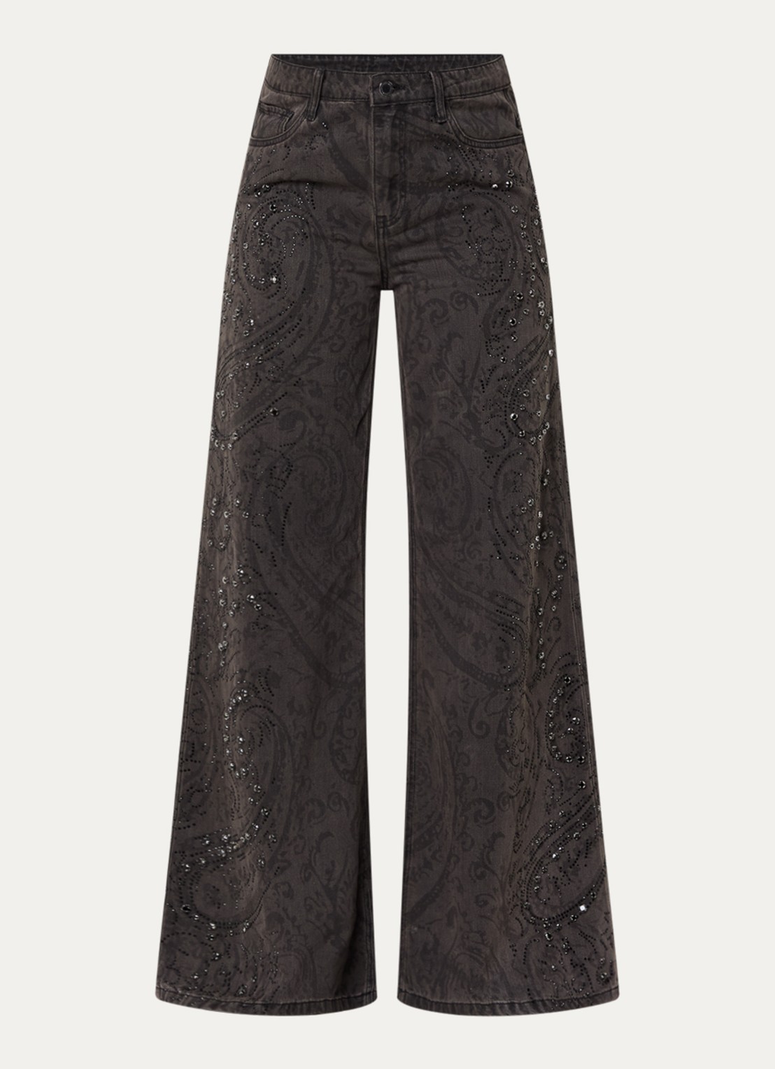 Liu Jo High waist wide fit broek met paisley dessin en strass - voorkant 2 zwart