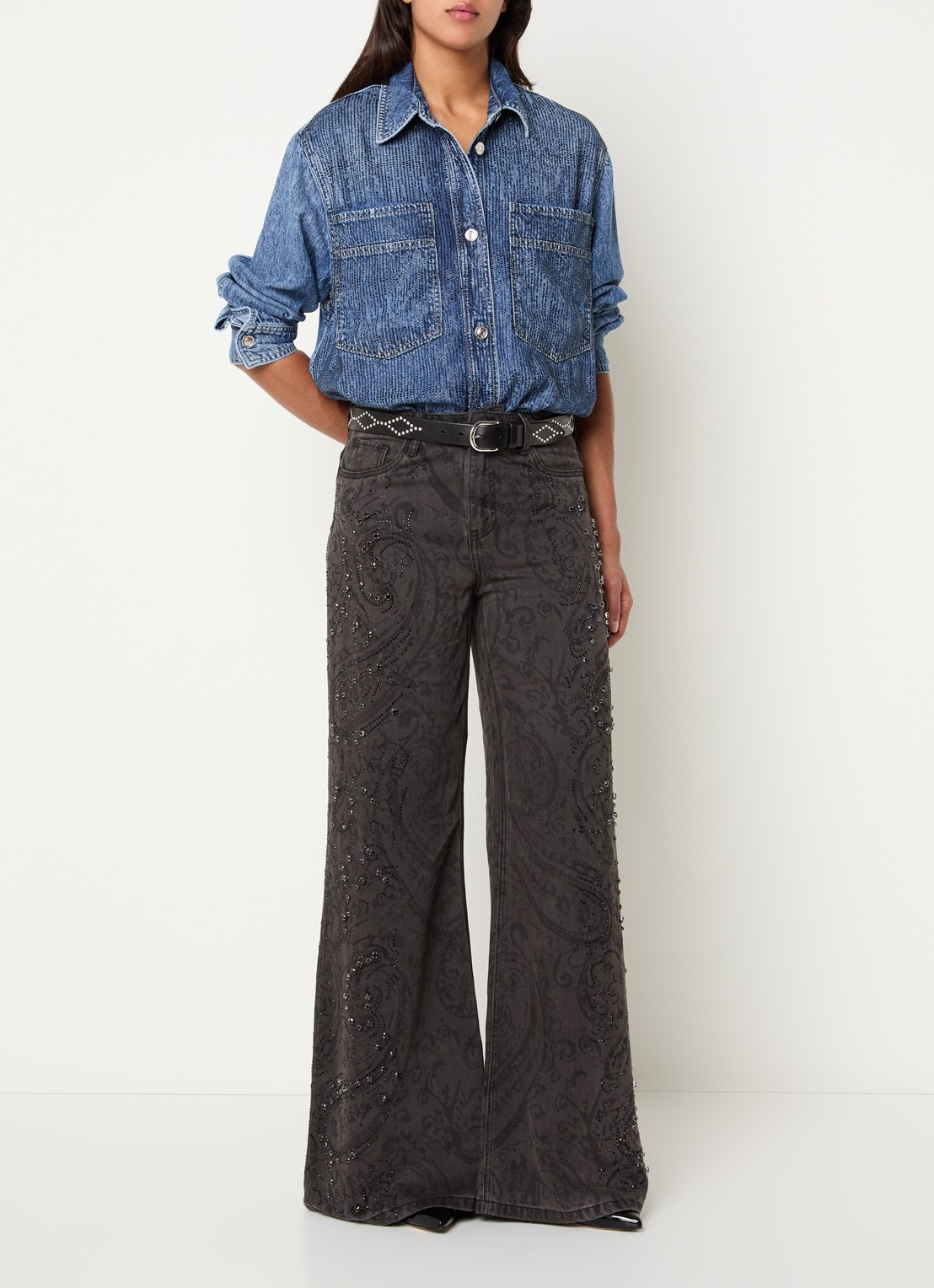 Liu Jo High waist wide fit broek met paisley dessin en strass - voorkant 3 zwart