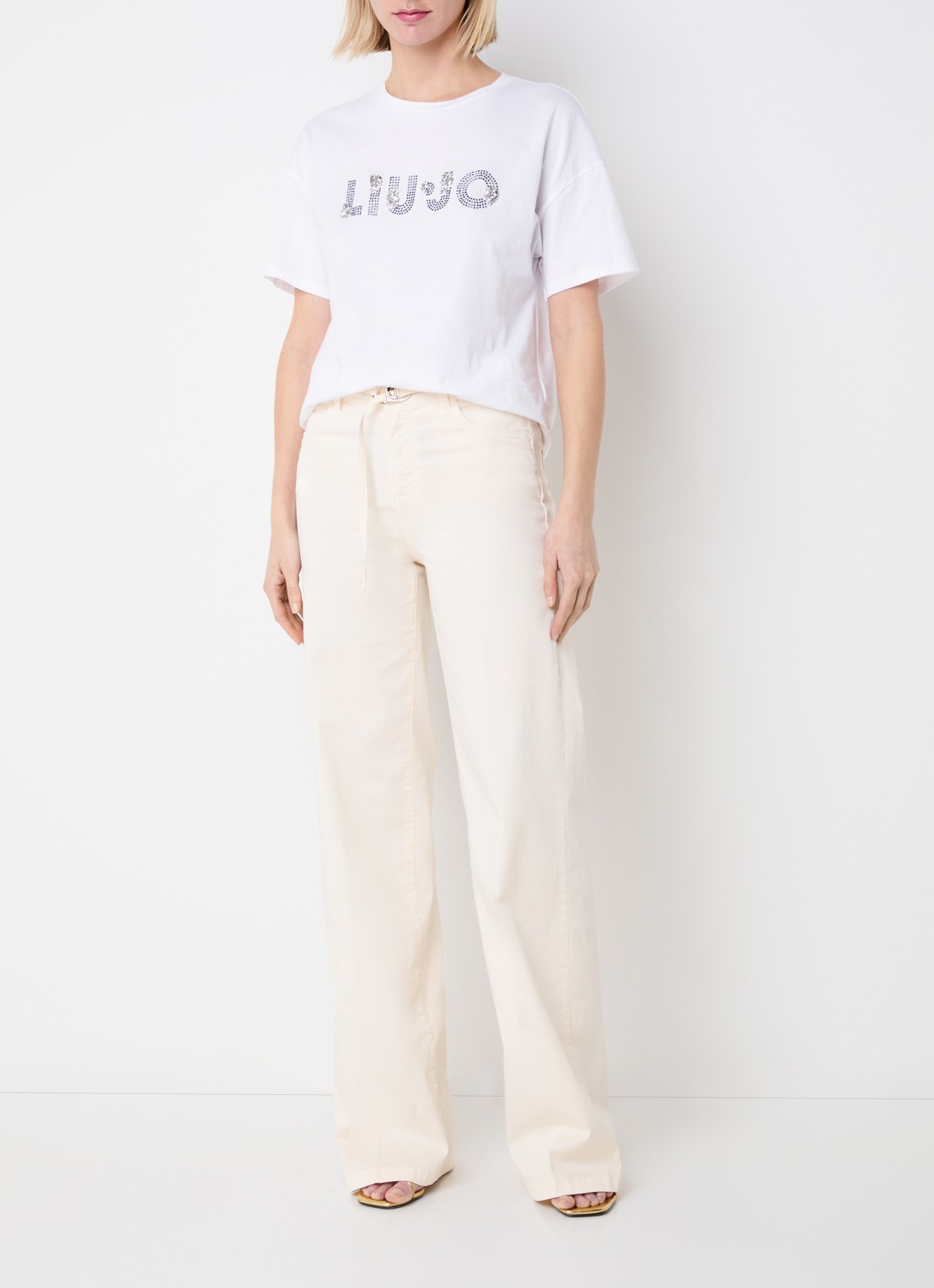 Liu Jo High waist wide fit broek met steekzakken - voorkant 5 vanillegeel