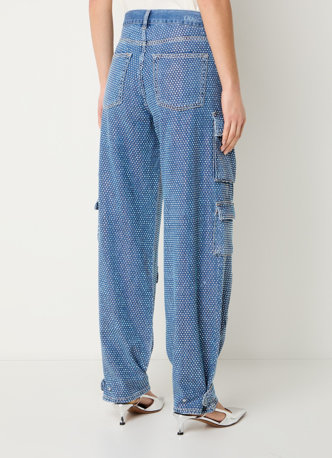 Liu Jo High waist wide fit cargobroek van denim met strass - achterkant indigo